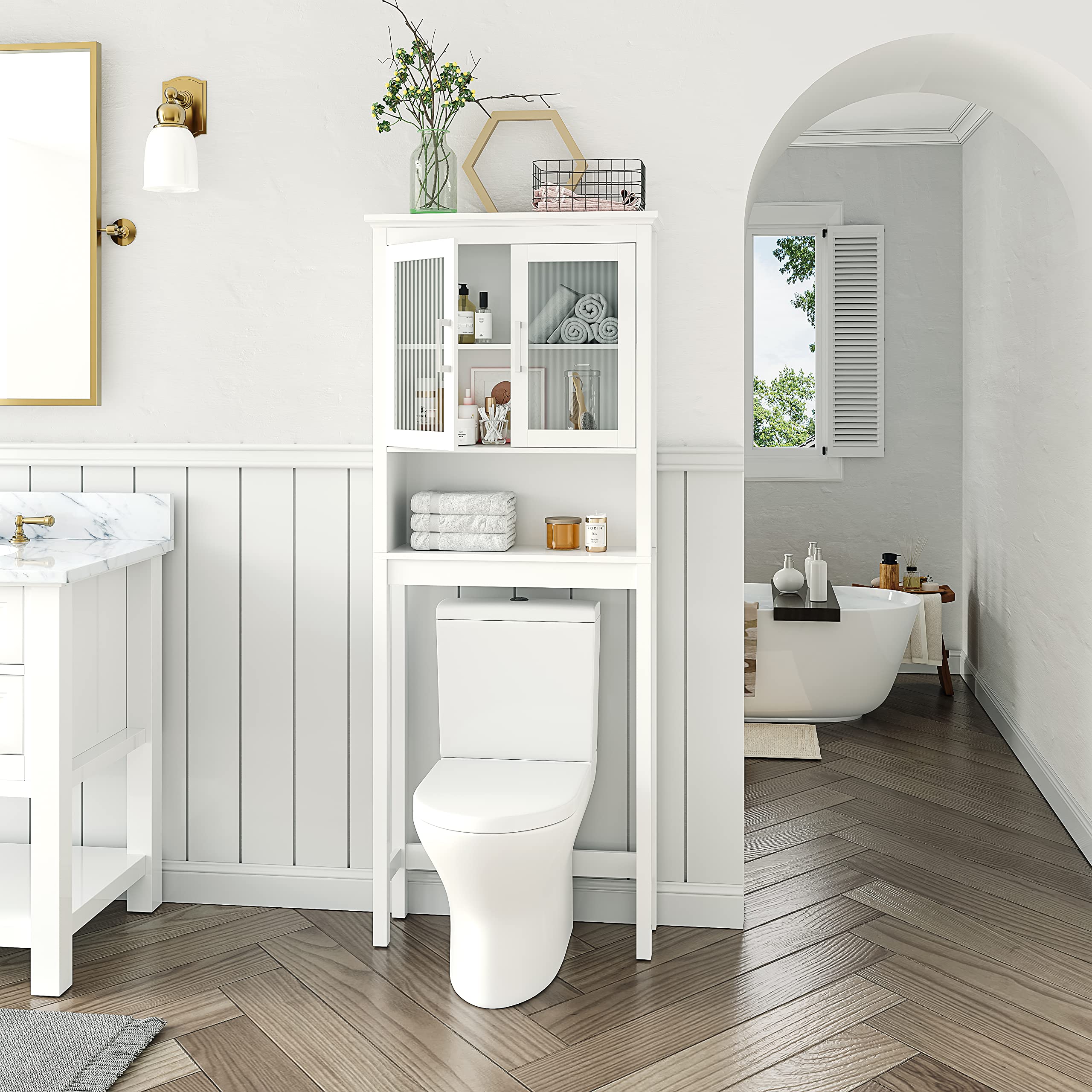 Over The Toilet Storage Cabinet with Tempered Glass Doors - White Bathroom Organizer for Towels, Toiletries & Linens | Space-Saving Bathroom Storage Solution for Small Spaces