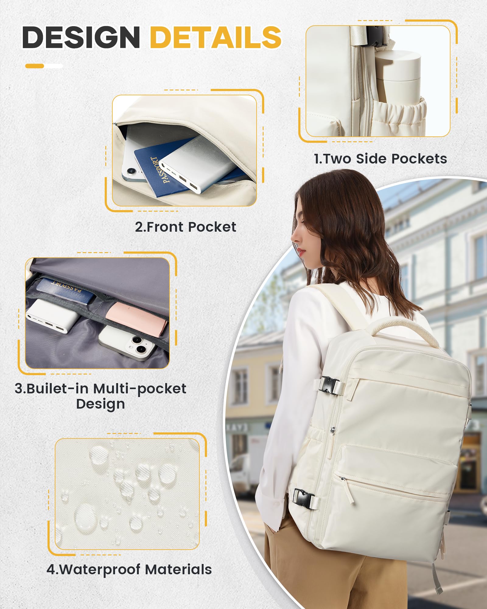 BOXSAM Large Vacuum Travel Backpack with Pump - 18x14x8 Inch Flight Approved Carry-On Backpack for Women & Men, Waterproof Laptop Daypack with Compression Bags - Perfect for Air Travel, Work Commute & Casual Outings (Beige)