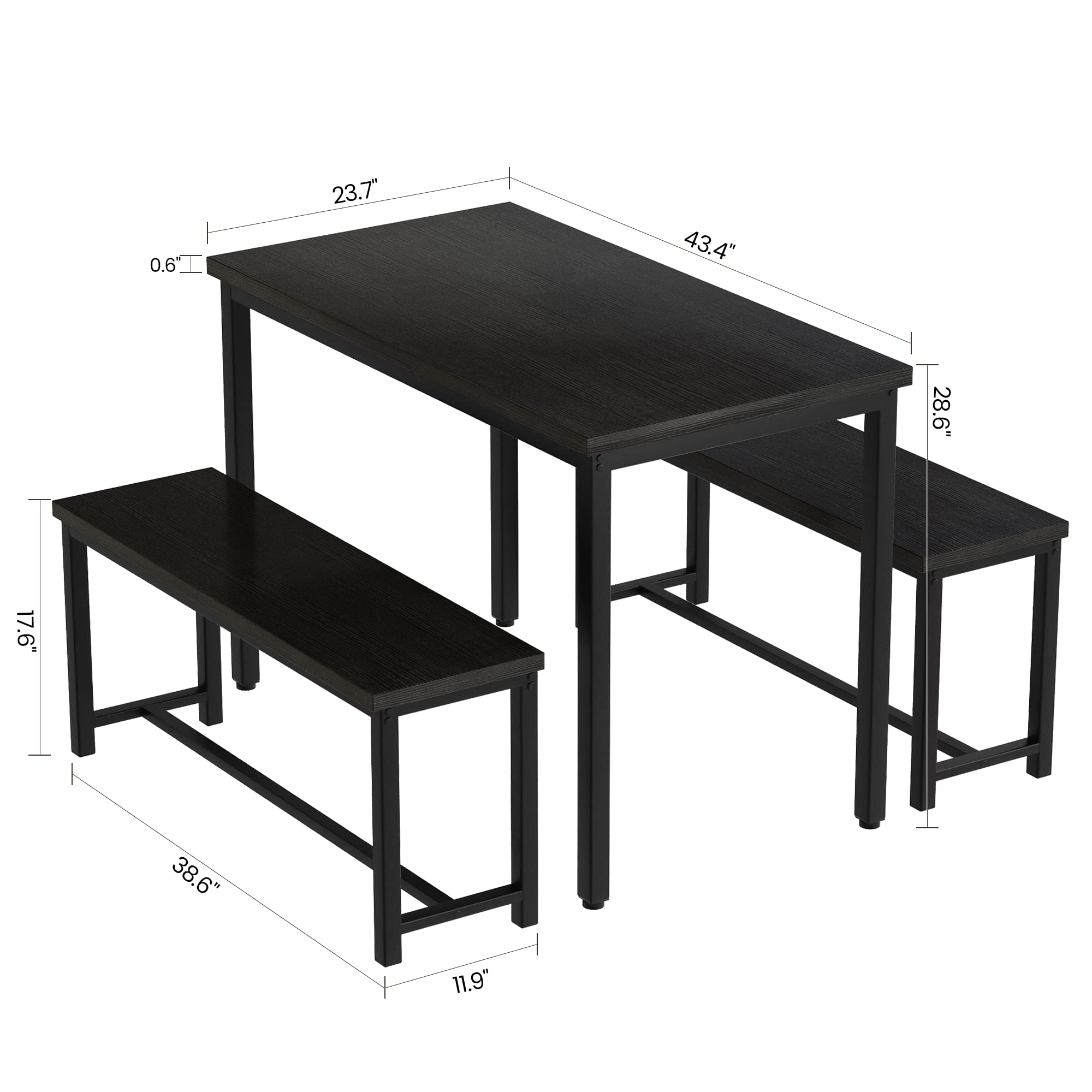 **Recaceik 3-Piece Farmhouse Dining Table Set for 4 with 2 Benches - Industrial Kitchen Table Set for Small Spaces, Apartments, Breakfast Nook - Perfect for Family Meals & Entertaining (Black)**