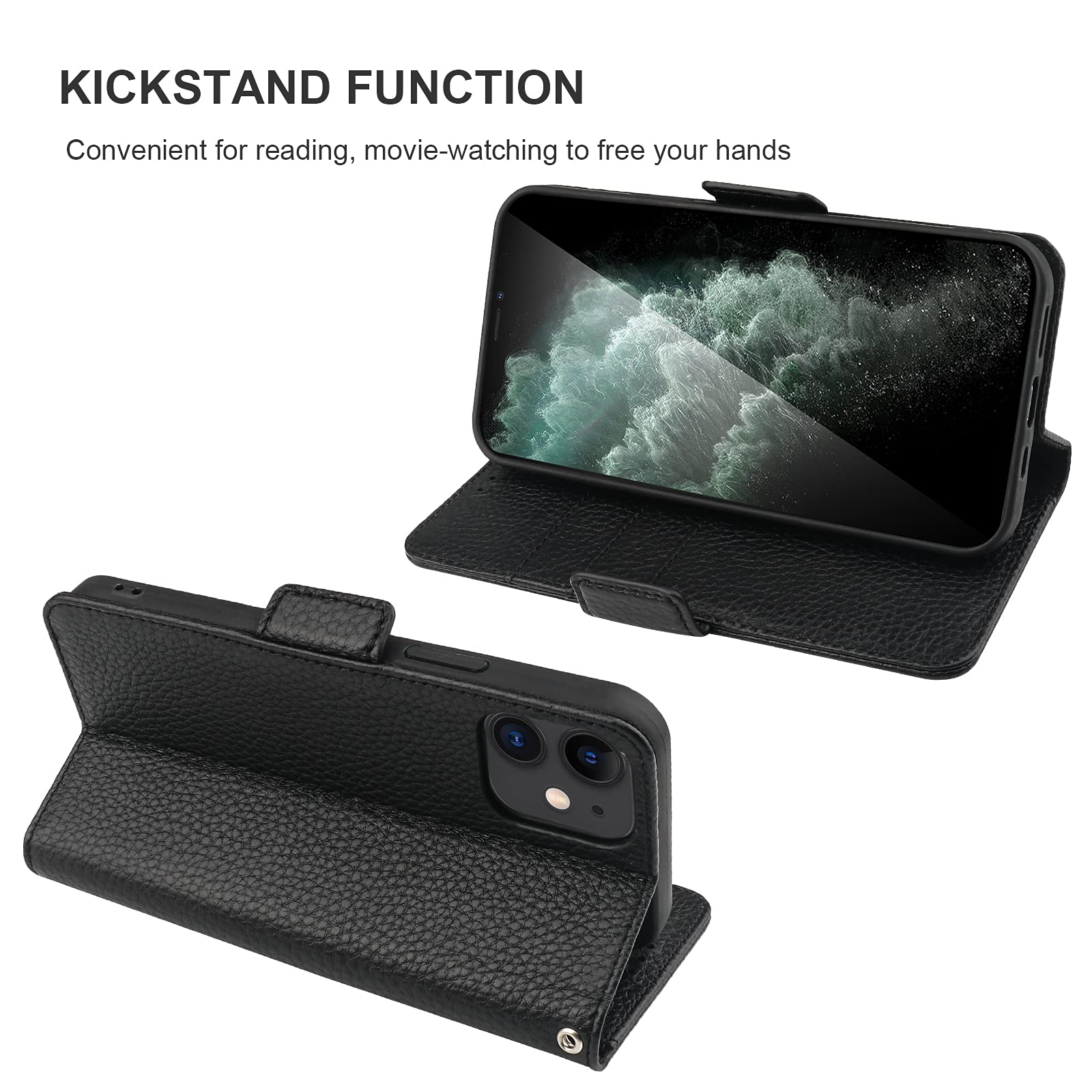 Genuine Leather iPhone 11 Wallet Case with Wireless Charging & RFID Blocking - Flip Folio Cover with Card Slots, Kickstand & Wrist Strap for 6.1
