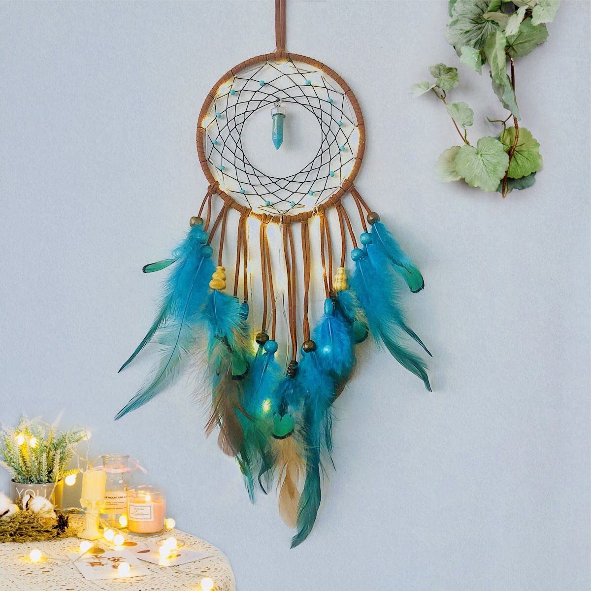 Dream Catcher LED Fairy Lights with Blue Feathers & Lucky Stone - Handmade Native American Wall Hanging Decor for Bedroom, Kids Room & Home - Unique Art Craft Gift for Relaxation & Spiritual Spaces