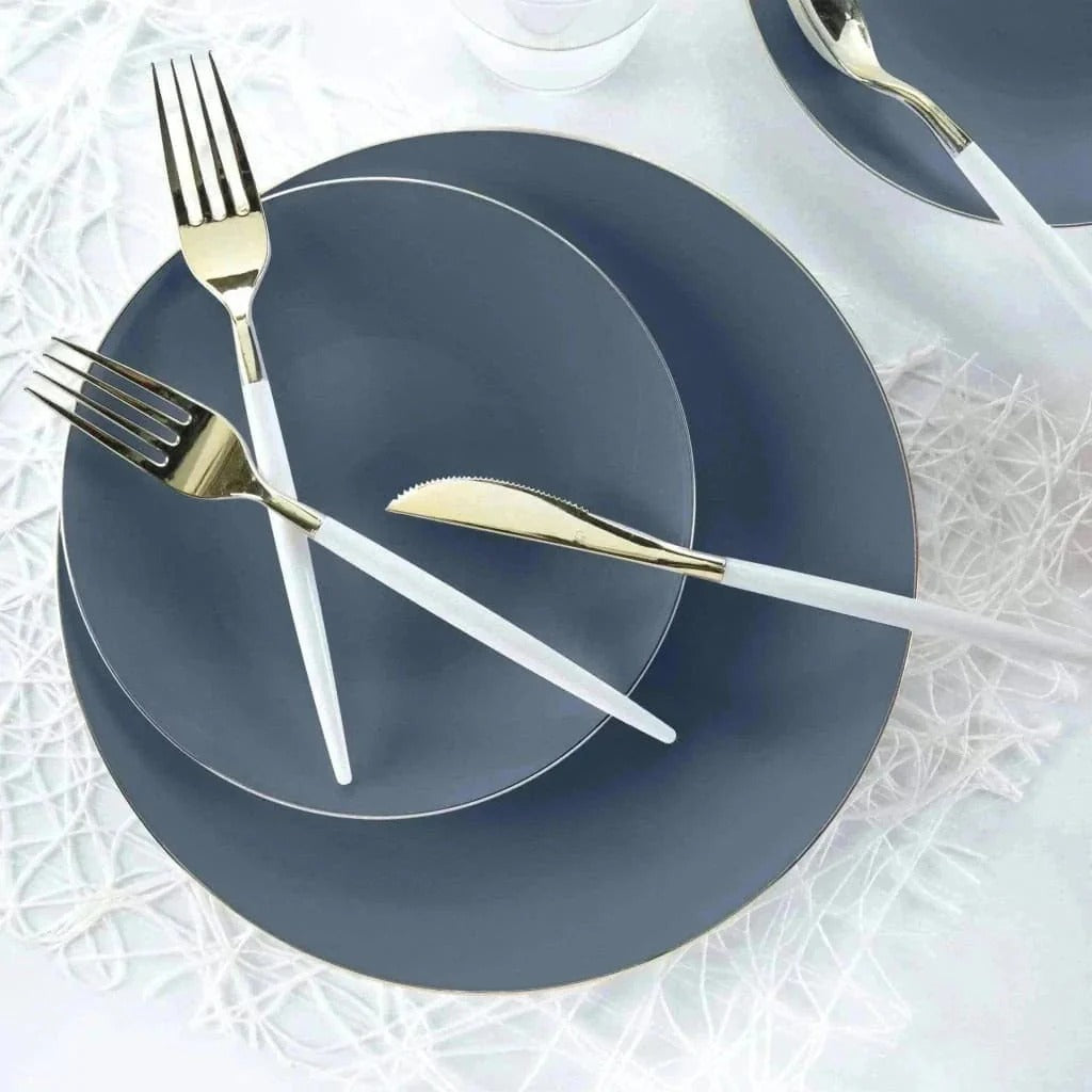 Eco-Friendly Round Plastic Plates - Slate Blue & Gold Rim | Durable & Stylish for Parties, Picnics, and Everyday Dining