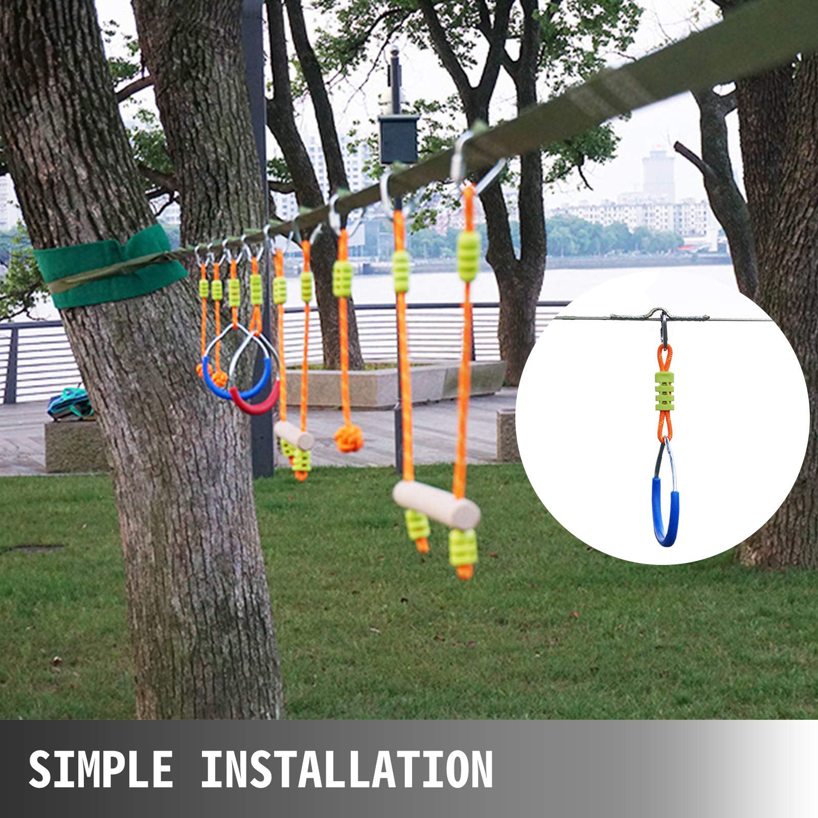 HappyBuy 56FT Warrior Obstacle Course for Kids - Outdoor Slackline with Gym Rings, Monkey Bars & Rope Knots | Portable Backyard Training Equipment for Strength & Agility | Perfect for Backyard Play, Birthday Parties & Outdoor Adventures