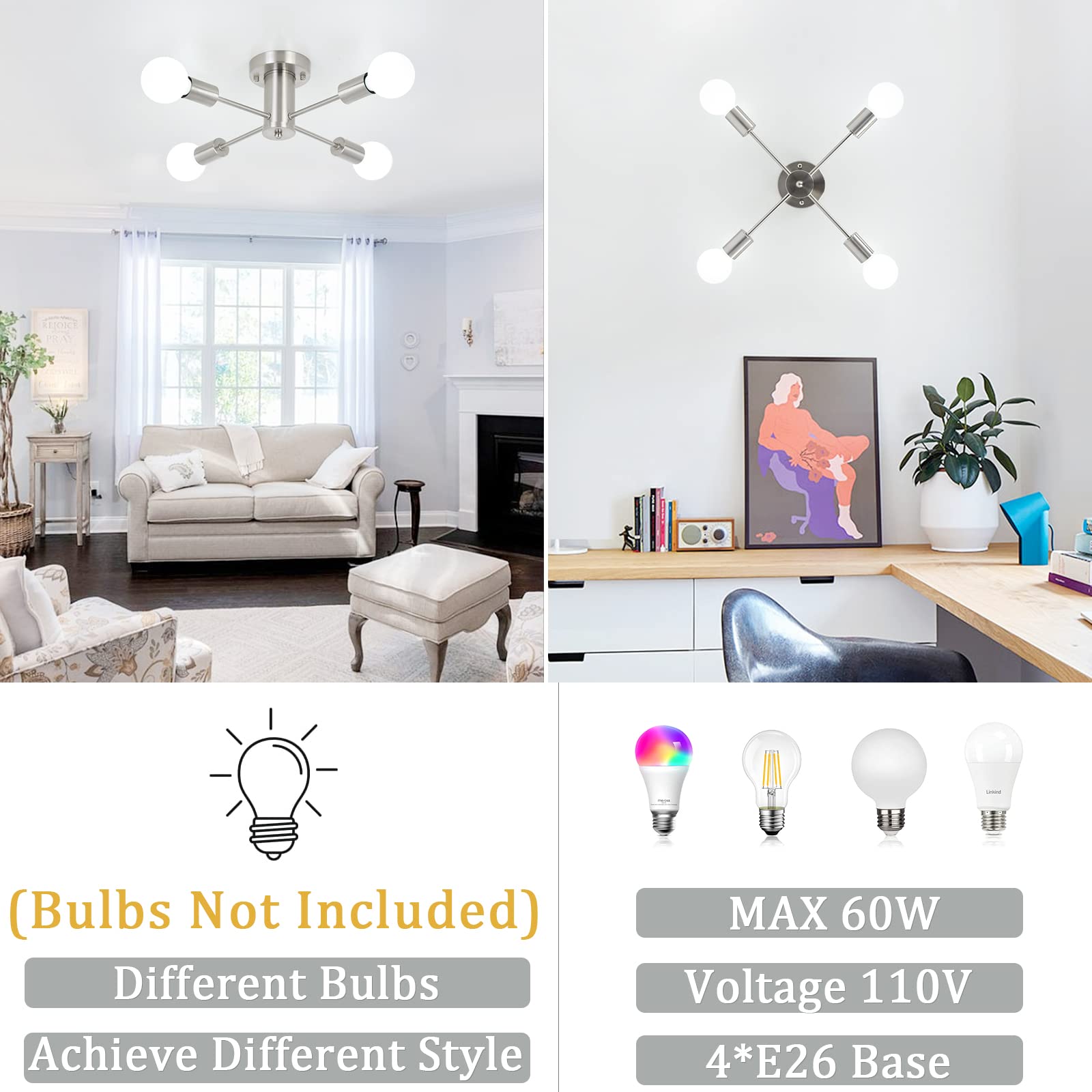 Brushed Nickel Semi Flush Mount Ceiling Light Fixture - 4-Light Farmhouse Chandelier with Chrome Accents for Kitchen, Dining Room, Living Room & Bedroom | Mid-Century Modern Design | Perfect for Farmhouse, Rustic & Contemporary Home Decor