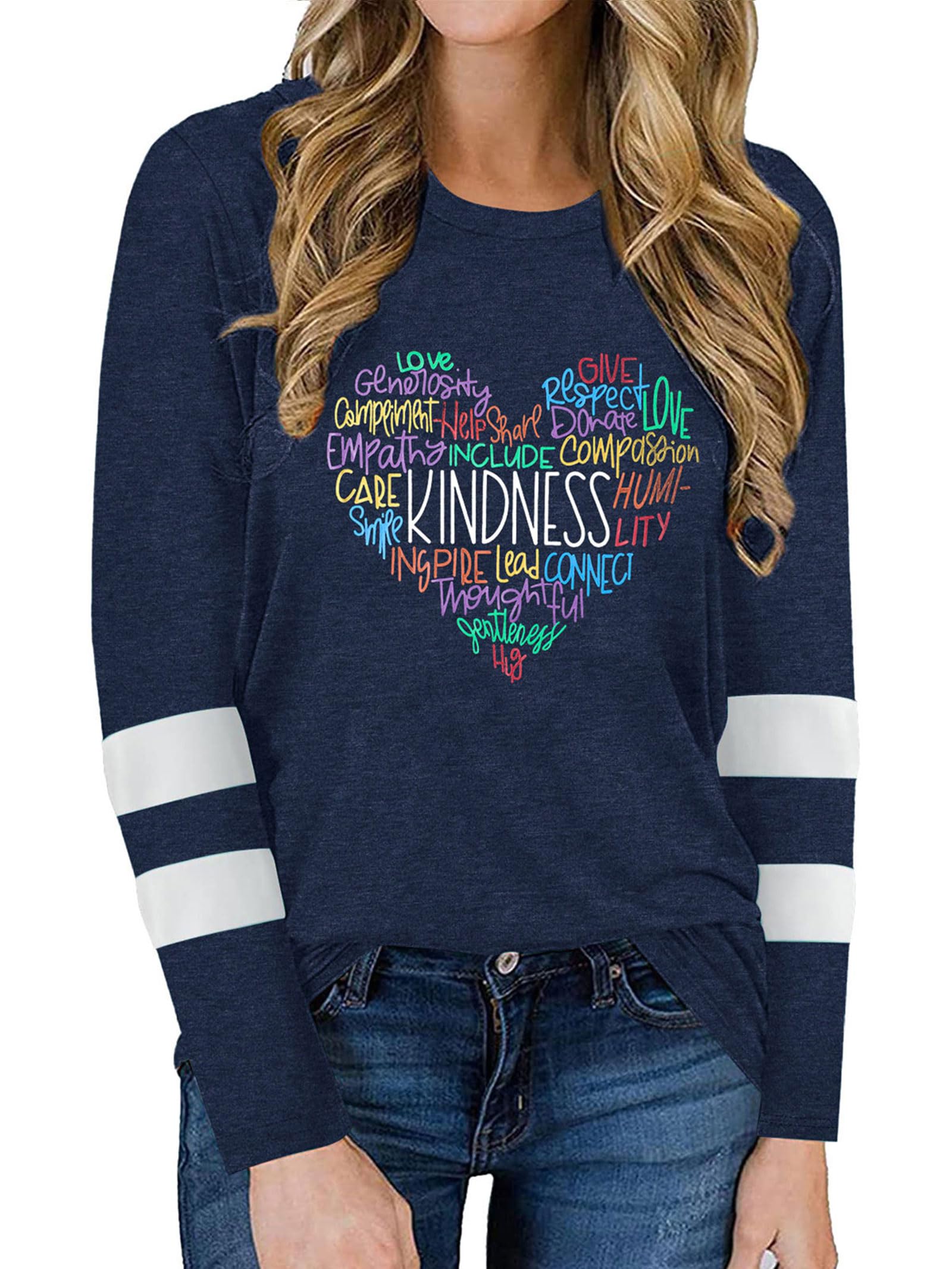 Anbech Women's Long Sleeve Graphic T-Shirt - Kindness Print Crew Neck Shamrock Tee Top for Casual Wear, St. Patrick's Day & Everyday Outfits