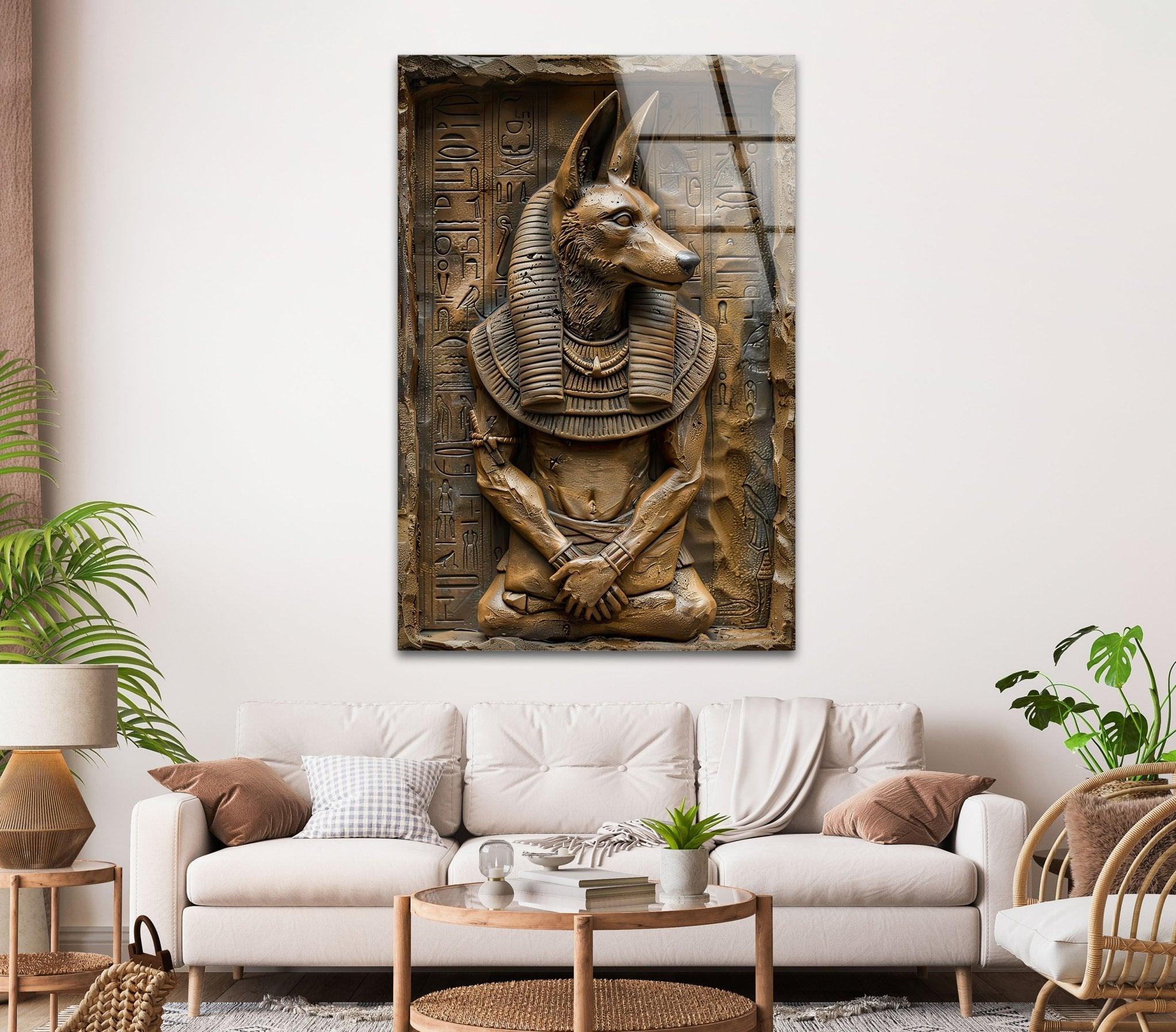 Anubis Statue Glass Wall Art - Egyptian God Home Decor for Living Room, Bedroom & Office - Handcrafted Glass Wall Sculpture for Spiritual & Gothic Decor