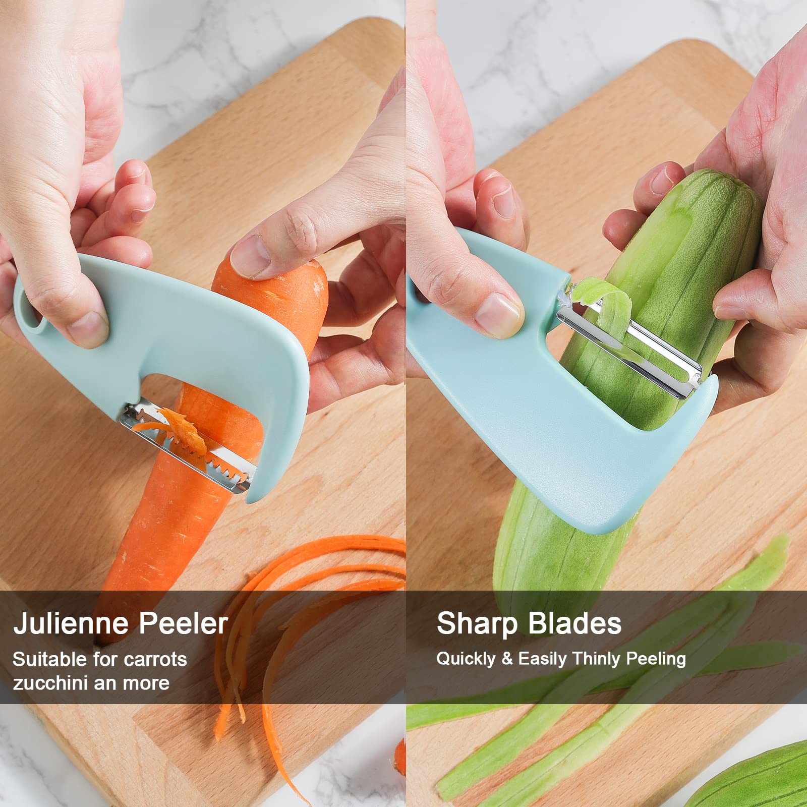 Stainless Steel Vegetable Peeler - Ergonomic Potato Peeler for Kitchen & Camping - Space Saving Kitchen Gadget with Protective Cover - Dishwasher Safe - Perfect for Meal Prep, Picnics & Outdoor Cooking (Aqua Sky)