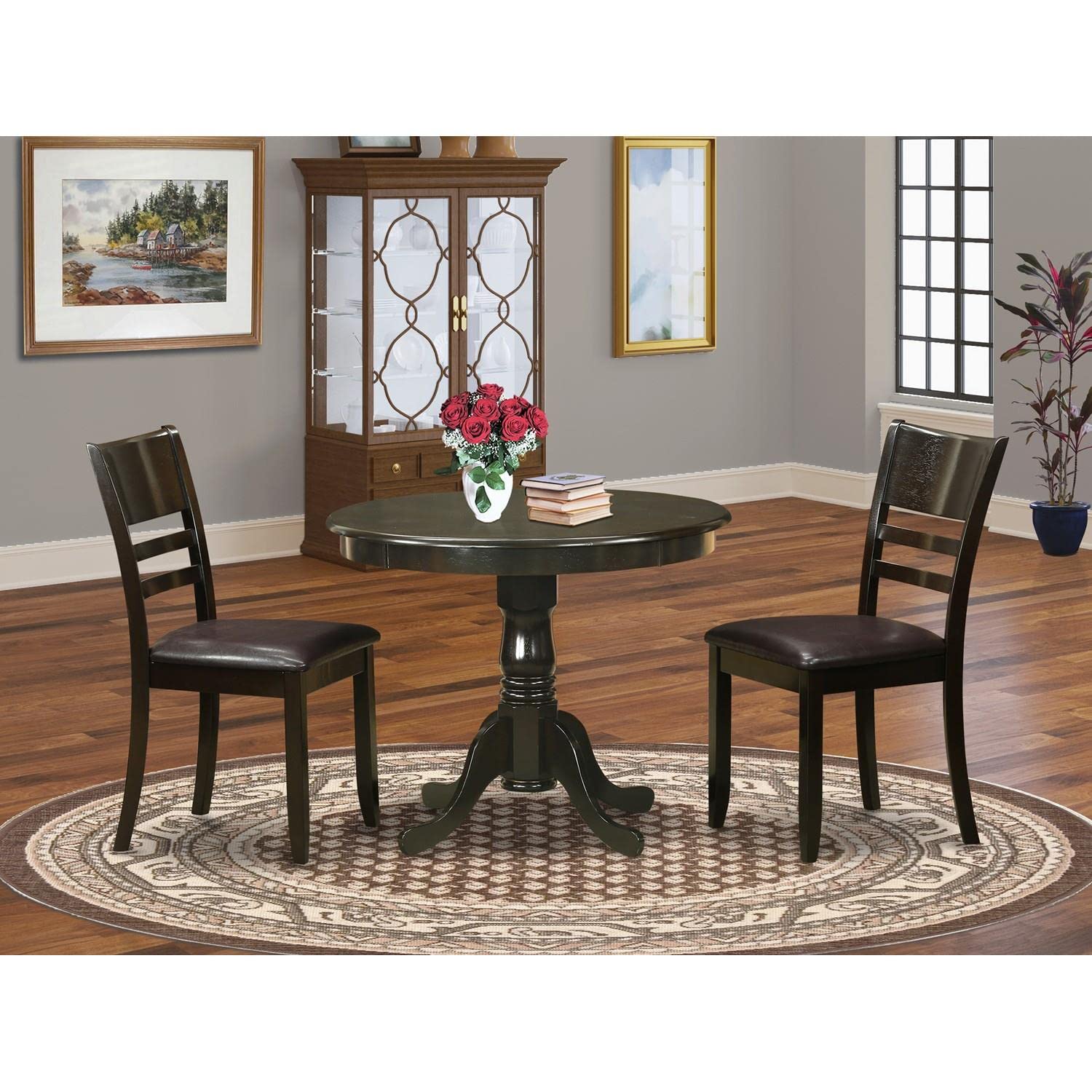 East West Furniture ANLY3-CAP-LC 3-Piece Round Dining Table Set with Pedestal Base & 2 Faux Leather Chairs - 36x36 Inch Cappuccino - Space Saving Kitchen Set for Small Apartments, Breakfast Nooks & Cozy Dining Areas