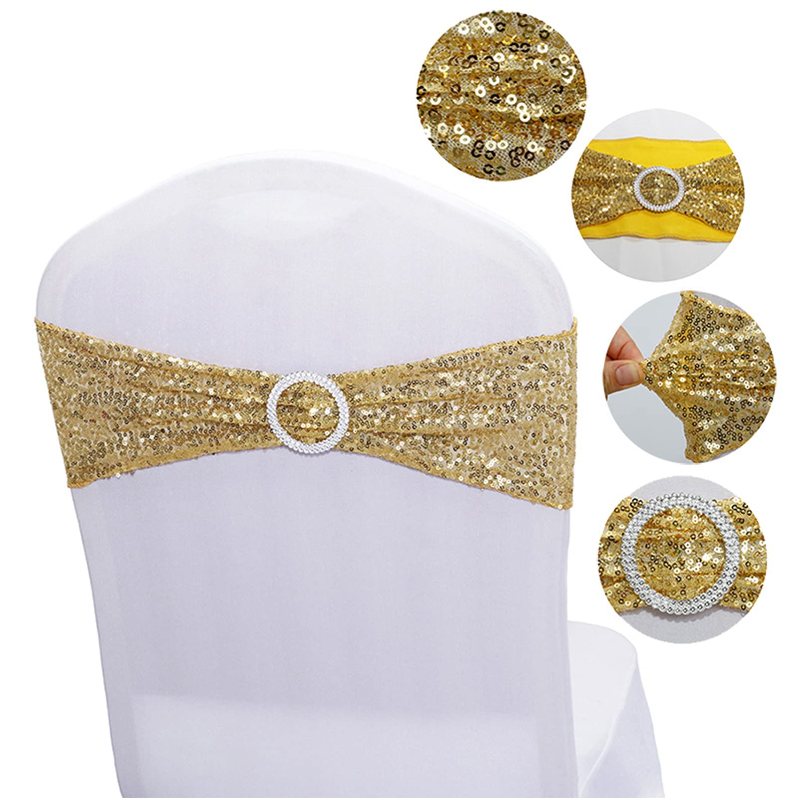 10 PCS Stretch Sequin Chair Sashes - Gold Elastic Spandex Bands for Wedding, Reception, Banquet Chair Decorations - Perfect for Party, Bridal Shower & Event Decor