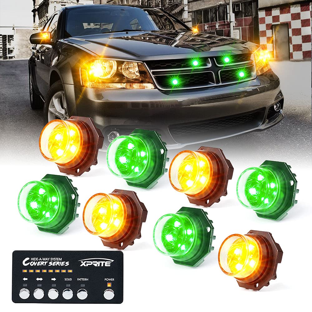 Xprite Amber Green LED Hideaway Strobe Lights Kit - 20 Flashing Patterns with Control Panel for Headlights, Taillights & Fog Lights - 8PCs Emergency Vehicle Lighting for Trucks, SUVs, Vans & Cars - Perfect for Roadside Emergencies, Construction Zones & Security Vehicles