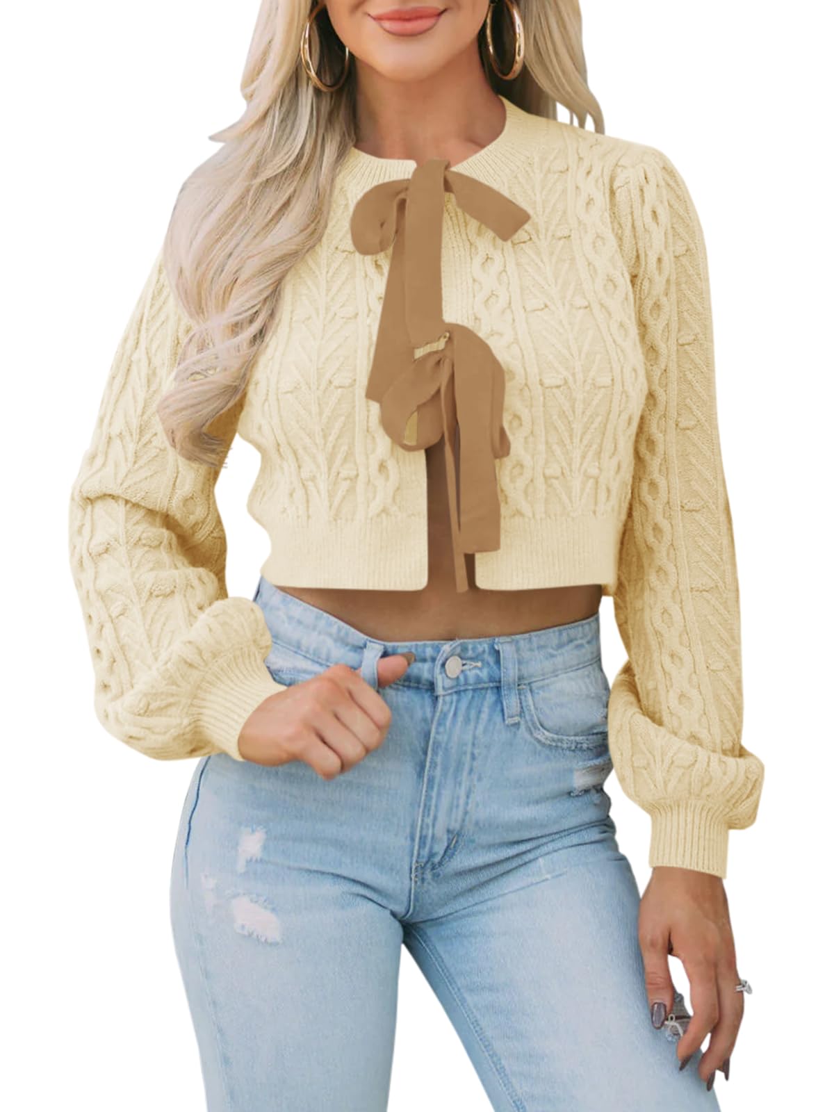 Saodimallsu Women's Cropped Cable Knit Cardigan Sweater - Long Sleeve Bow Tie Front Crew Neck Chunky Knit Top | Casual Outfits, Fall & Winter Layering, Office Wear