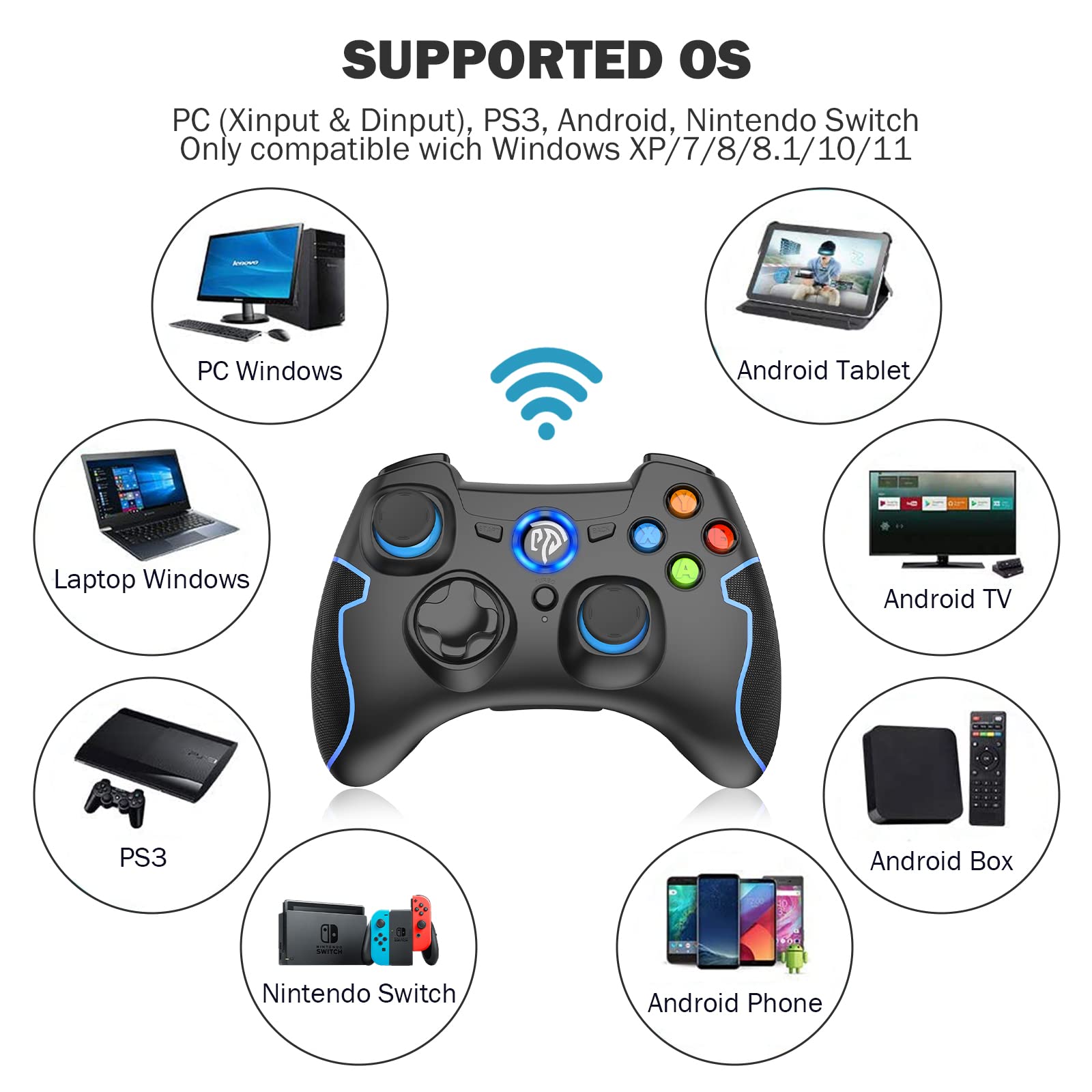 EasySMX Wireless Game Controller for PC Steam PS3, 2.4G Wireless Gaming Joystick for Windows XP/7/8/10/11, Android TV Box, Tesla - Compatible with Multiple Devices (Black Blue) - Perfect for Gaming, Streaming & Entertainment