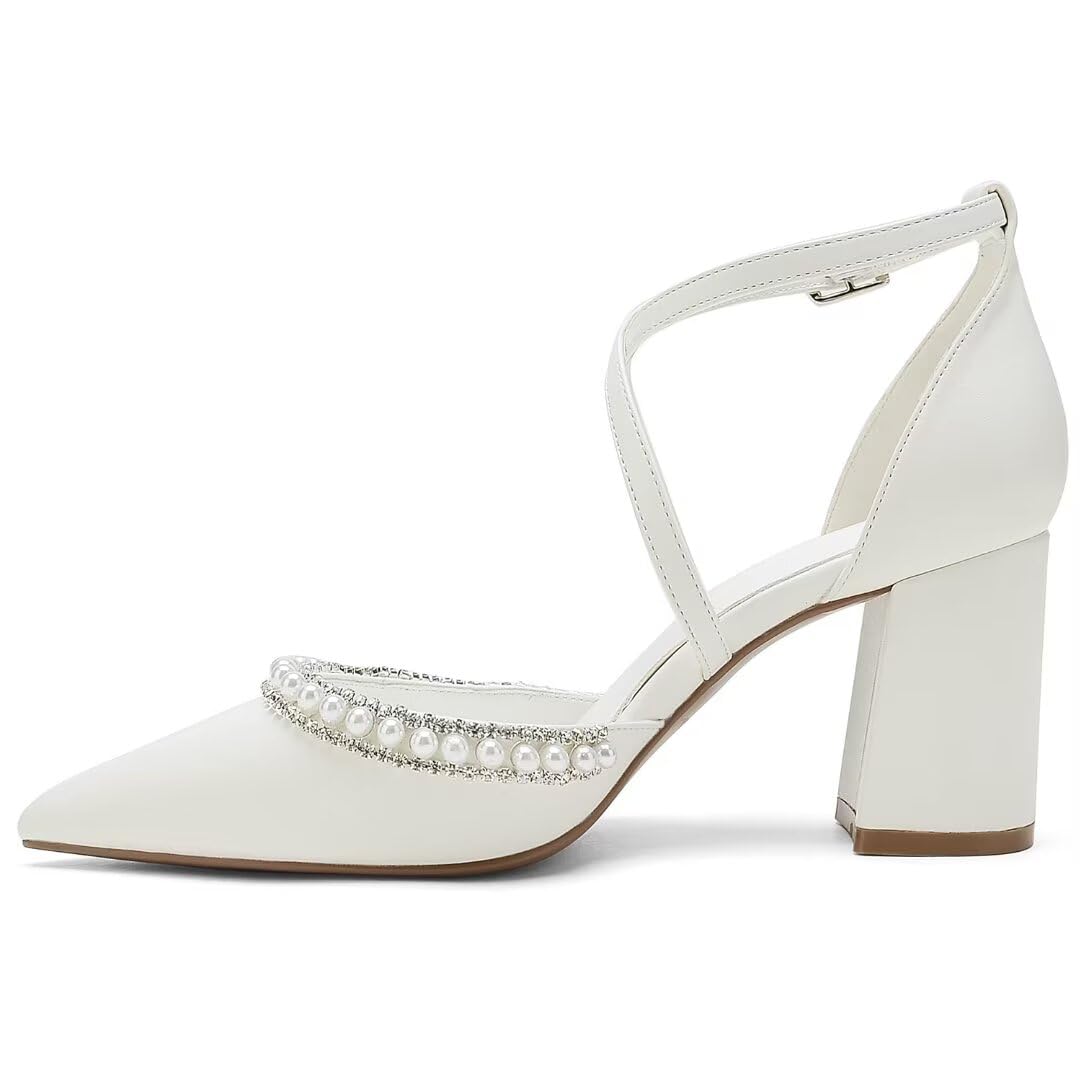 Elegant Pearl Embellished Closed Toe Wedding Shoes for Bride - Women's High Block Heel Bridal Pumps Perfect for Ceremonies, Receptions & Special Occasions