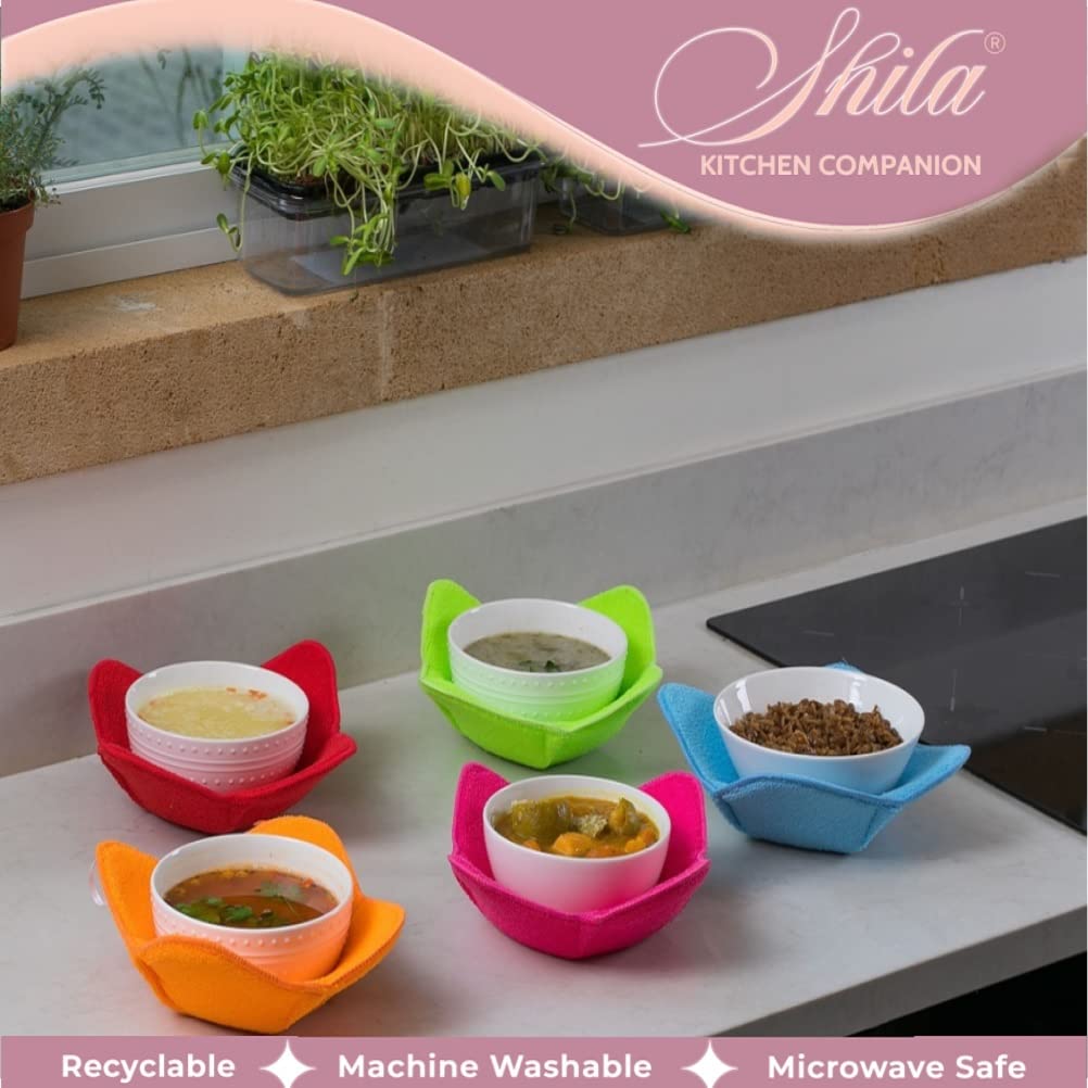 SHILA Microwave-Safe Bowl Cozy Set - Green Heat Resistant Hot Bowl Holder (Polyester & Sponge) for Soup, Rice & Pasta - Keep Hands Cool & Food Warm - Perfect for Kitchen, Dining & Microwave Use