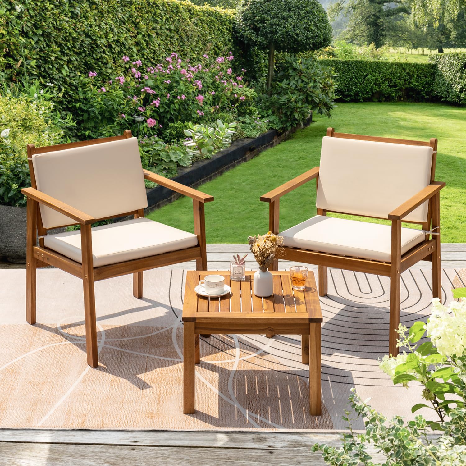 Greesum 3-Piece Outdoor Patio Furniture Set - Acacia Wood Bistro Sofa with 2 Chairs & Coffee Table, Includes Cushions - Perfect for Garden, Backyard, Poolside, Deck or Patio - White Weather-Resistant Conversation Set