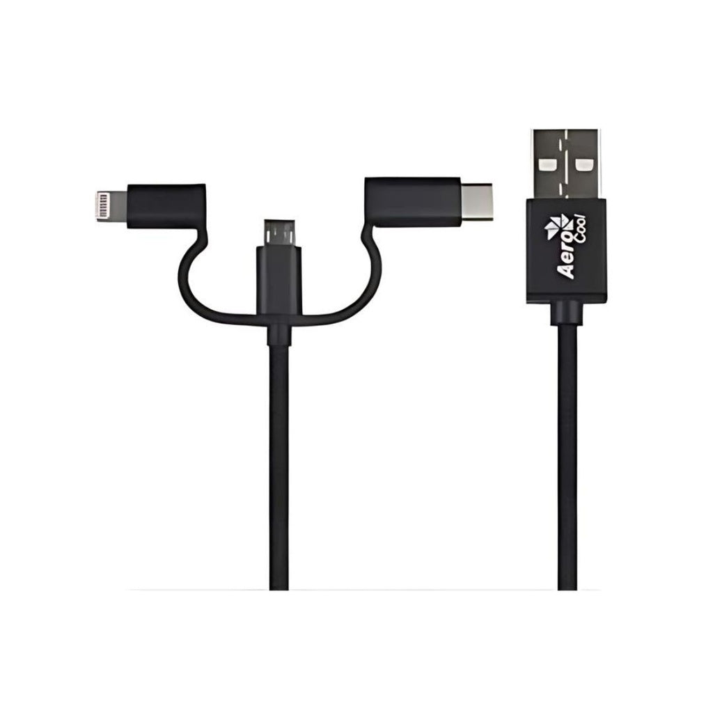Premium AeroCool 3-in-1 MFI Certified Lightning Cable - Nylon Braided Charging Cord for iPhone (Black) | Fast Charging for Home, Office & Travel