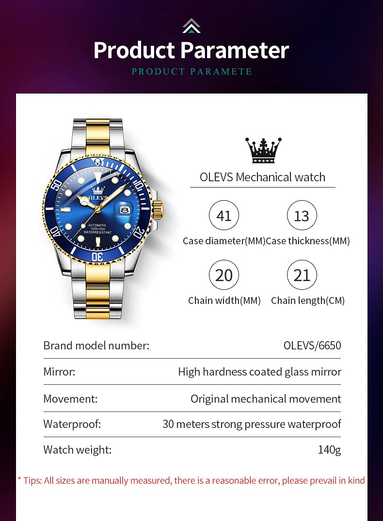 OLEVS Men's Automatic Self-Winding Mechanical Watch - Gold/Silver Stainless Steel Luxury Dress Watch with Big Face, Date Display, Waterproof & Luminous Rotating Bezel - Perfect for Business, Formal Events & Everyday Wear
