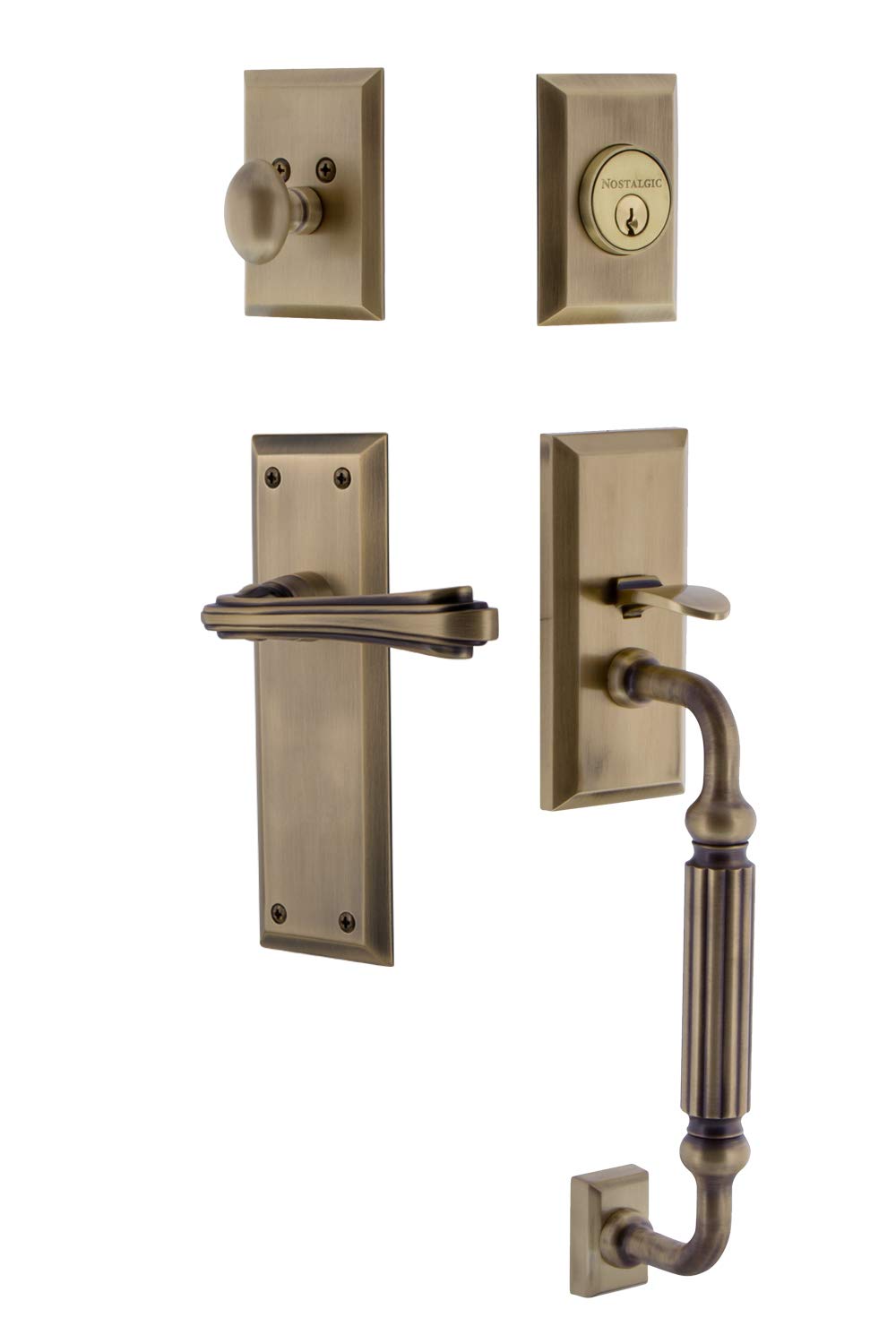 Nostalgic Warehouse New York Plate F Grip Entry Door Handle Set - Fleur Lever in Antique Brass for Classic Home & Vintage Style Interior Design