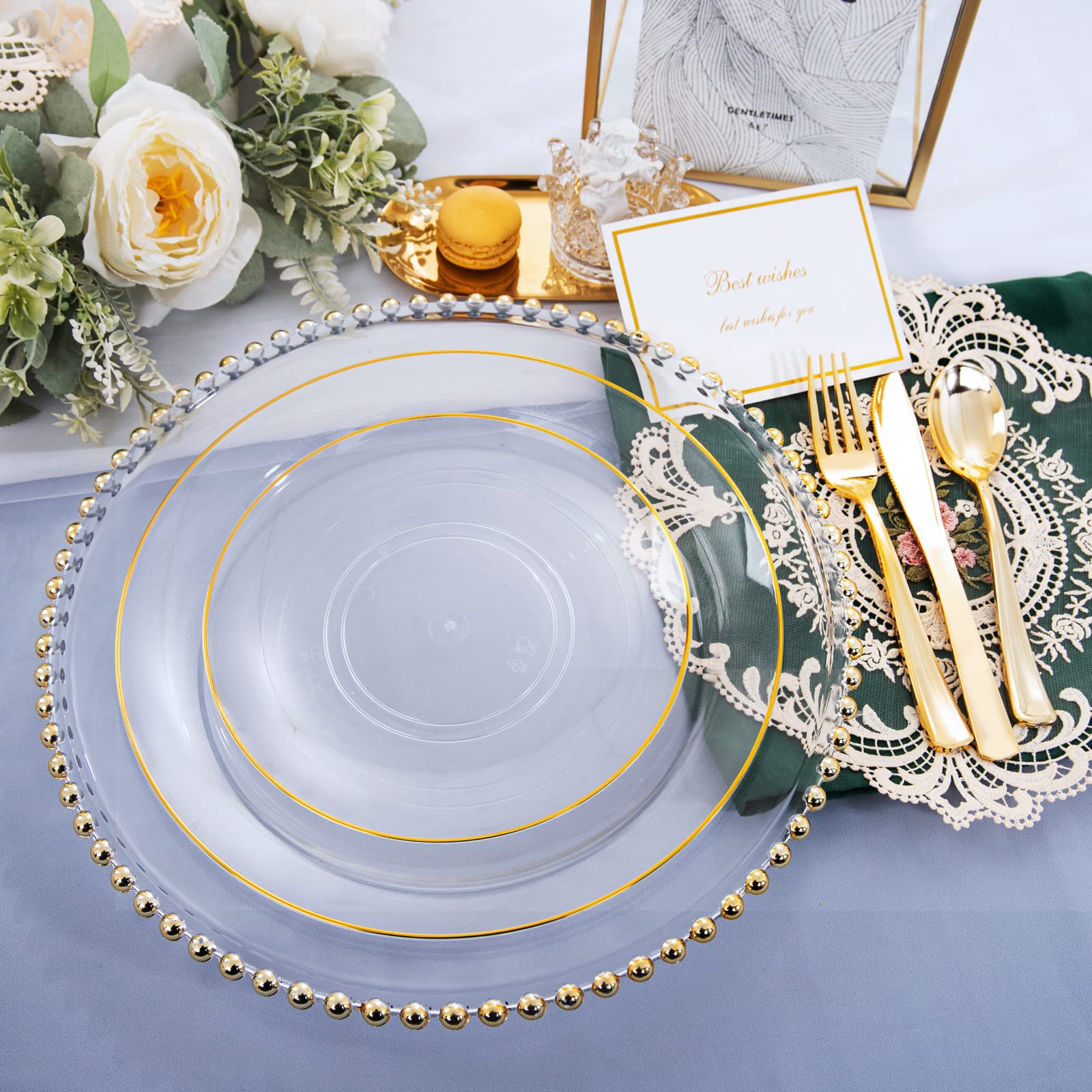 125-Piece Clear Gold Plastic Dinnerware Set - 25 Gold Rimmed Plates, 25 Dessert Plates, 25 Forks, 25 Knives, 25 Spoons - Elegant Disposable Tableware for Weddings, Parties, Christmas & Holiday Celebrations