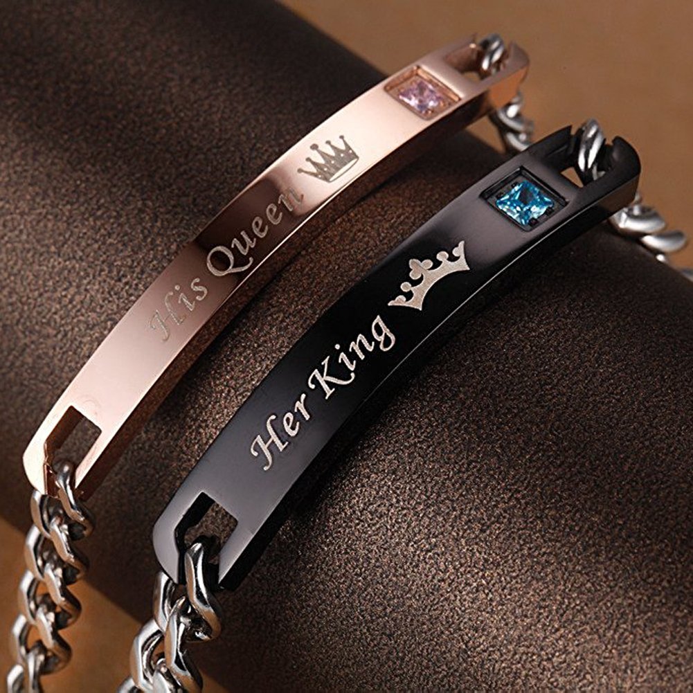 King Queen Couple Bracelets - Engraved Crown Stainless Steel Adjustable Bracelet Set in Rose Gold & Black for Him & Her - Romantic Gift for Wife, Husband, Anniversary, Valentine's Day