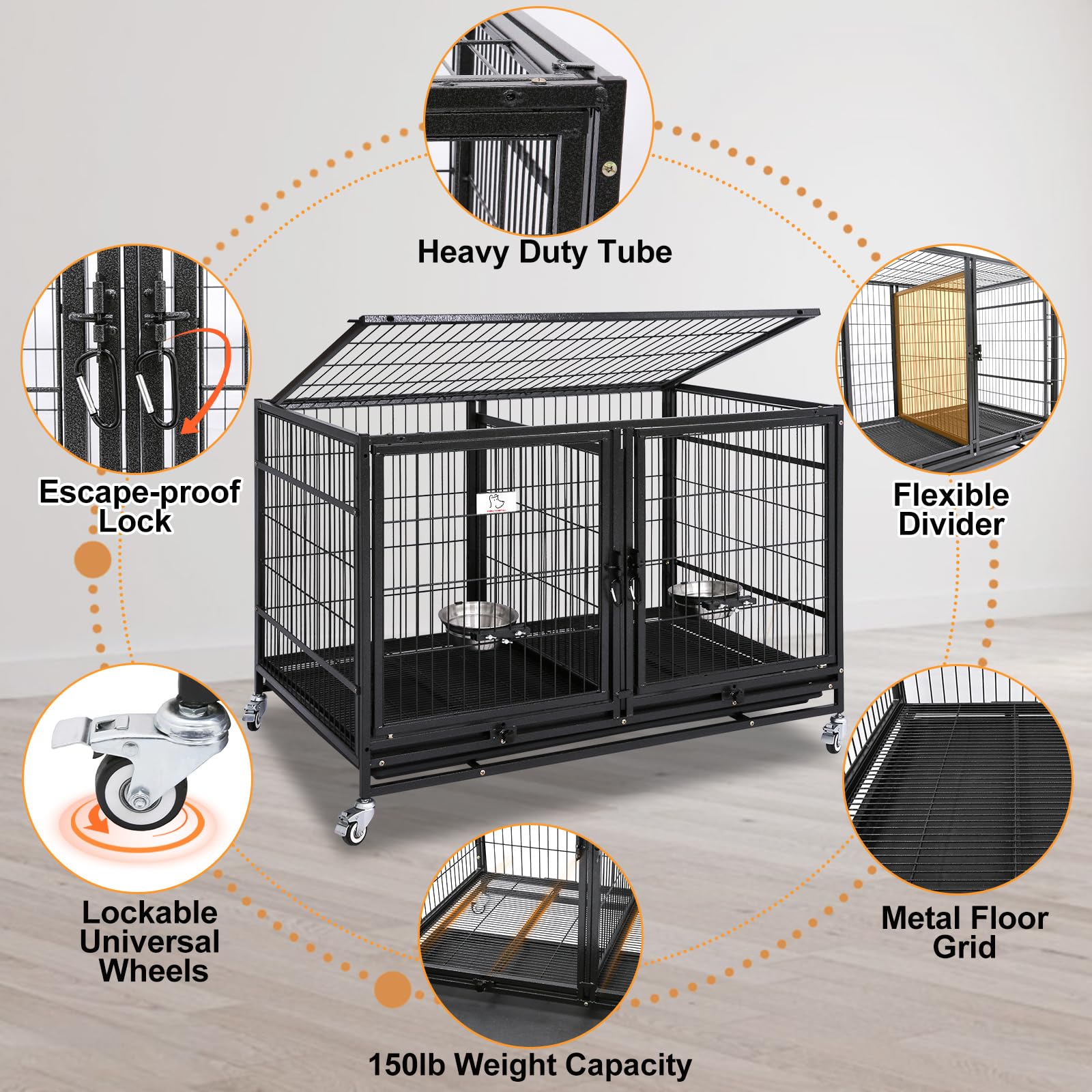 43 Inch Heavy Duty Stackable 3-Tier Dog Crate Kennel with Feeding Doors, Divider & Tray - Durable Pet Cage for Grooming, Training & Travel - Perfect for Large Breed Dogs at Home or Vet Clinics