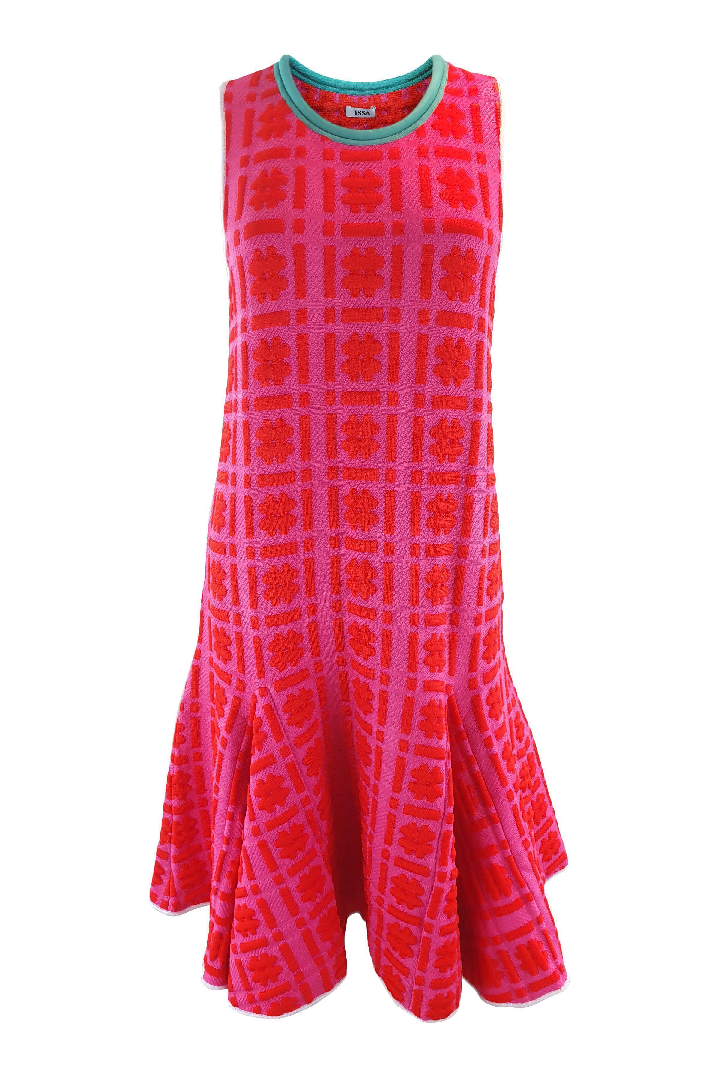 ISSA Silvia Hashtag Printed Jacquard Sleeveless Dress for Women - Pink & Green Floral Summer Dress (Size S) | Perfect for Beach Vacation, Party & Casual Outings