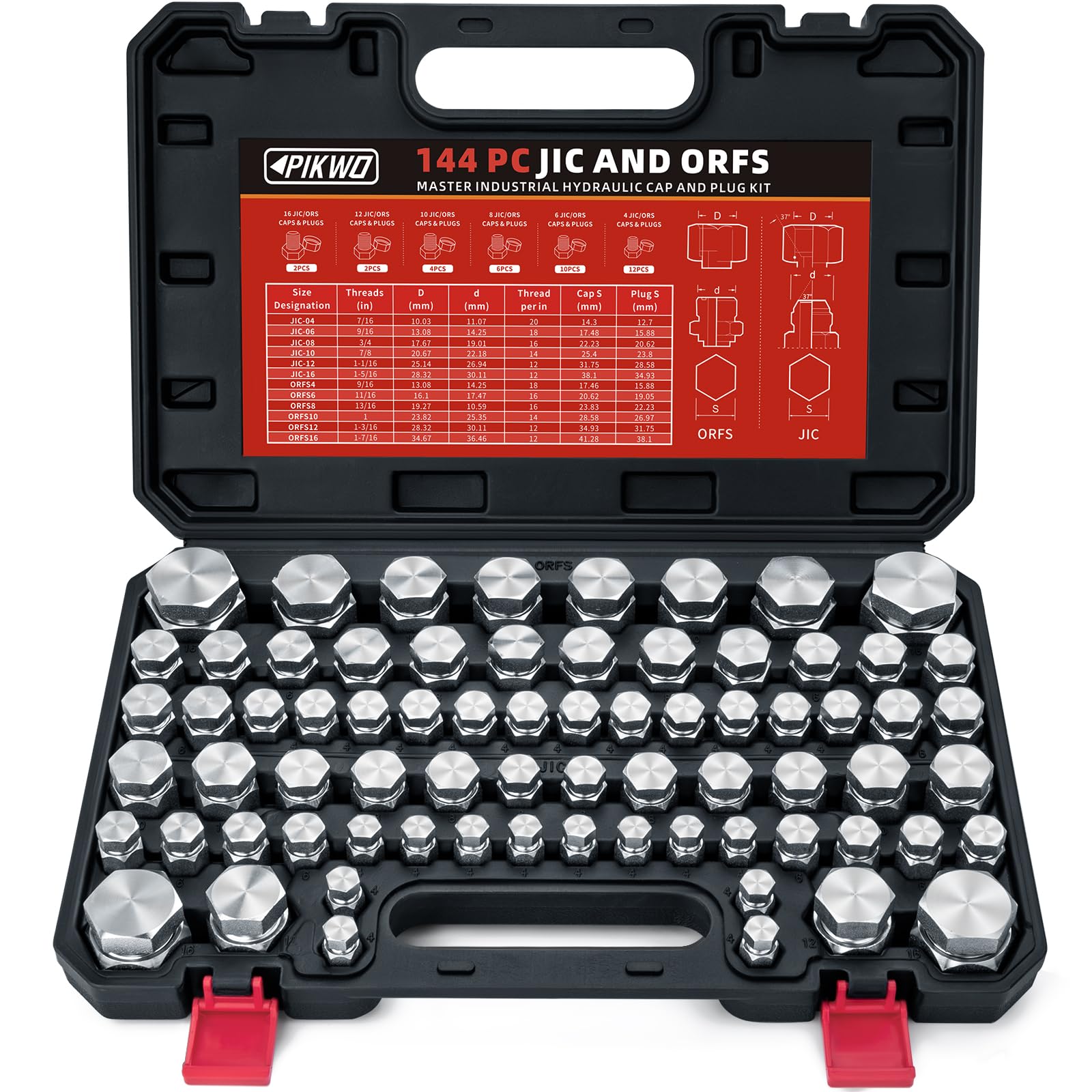 144-Piece JIC & ORFS Hydraulic Cap and Plug Kit - Industrial Hose, Tube & Pipe Fittings - Precision Threaded for ORFS & 37° Dash Sizes (4,6,8,10,12,16) - Ideal for Hydraulic System Maintenance & Fluid Line Protection