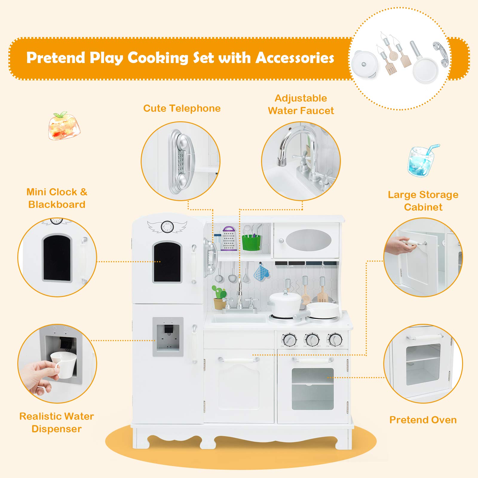 ARLIME Kids Wooden Kitchen Playset with Simulated Sound, Sink, Stovetop, Microwave & Refrigerator - Pretend Play Kitchen Toy for Toddlers, Boys & Girls - Perfect Gift for Home, Preschool & Daycare