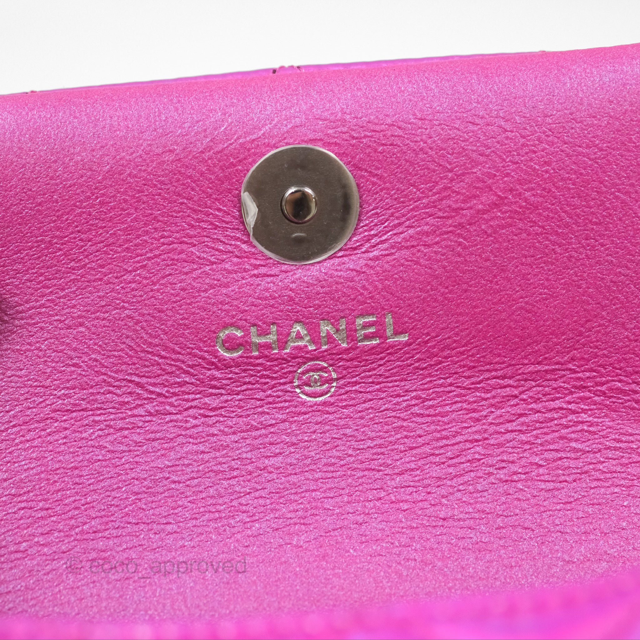 Chanel Fuchsia Iridescent Mirror Goatskin Card Holder with Hook - Luxury Wallet for Women, Perfect for Everyday Use & Travel Accessories