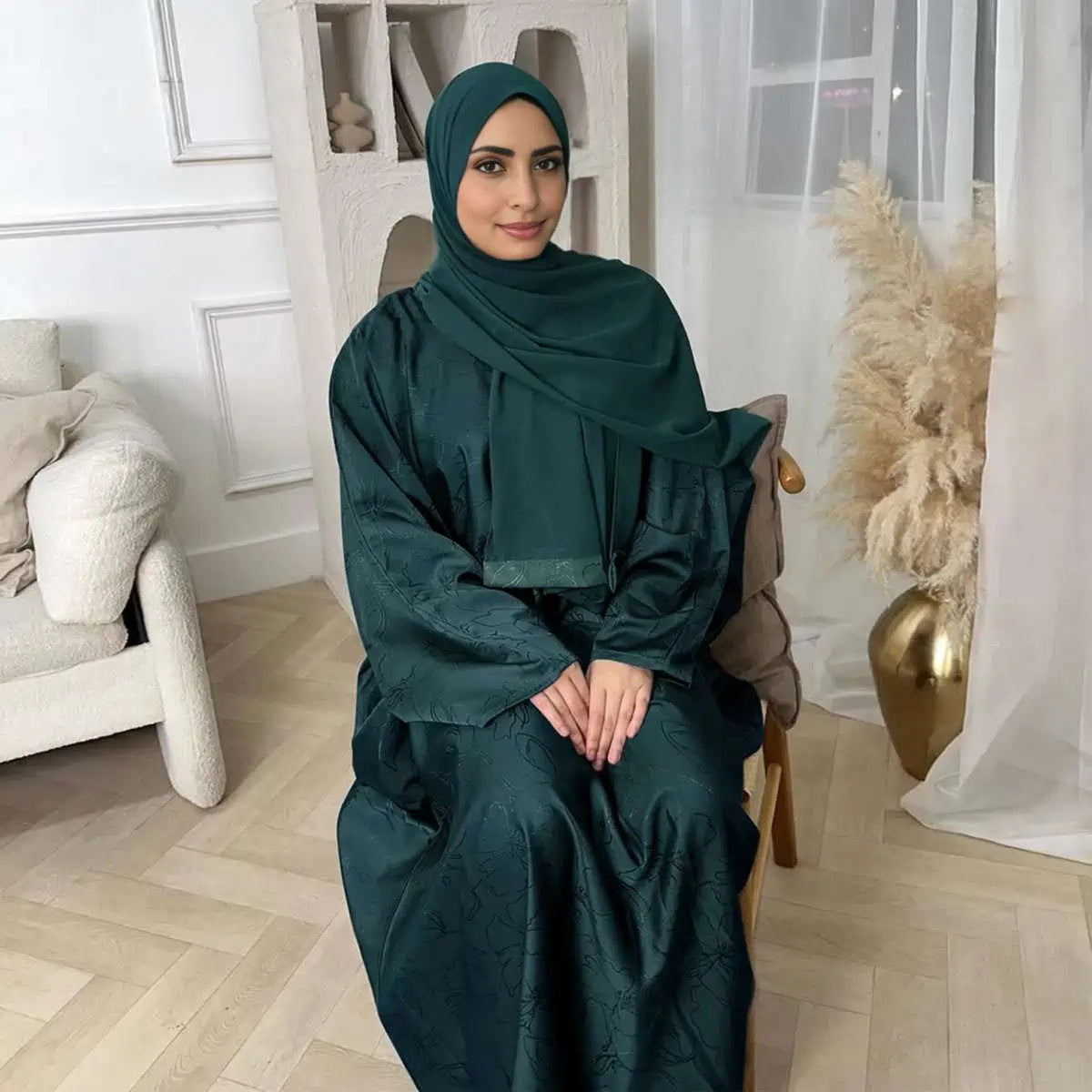 Elegant 3D Jacquard Satin Abaya Dress #25005 - Modest Islamic Clothing for Women, Special Occasions & Daily Wear