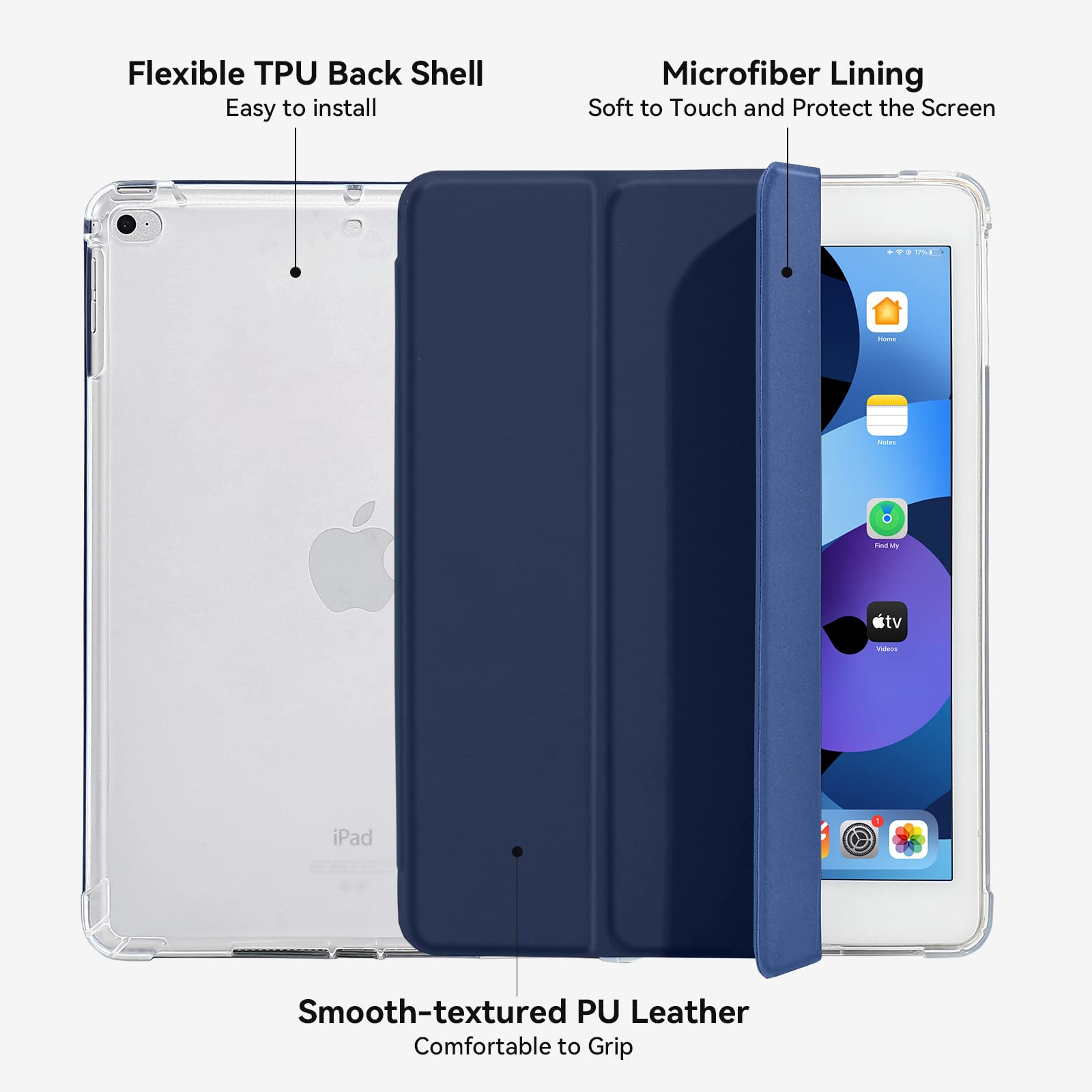 4UBonLife iPad 9.7 Inch Case for 6th/5th Gen (2018/2017) & iPad Air 1 (2013)/Air 2 (2014) - Slim Lightweight Soft TPU Cover with Pencil Holder, Translucent Back & Frosted Finish, Dark Blue - Perfect for School, Work & Travel