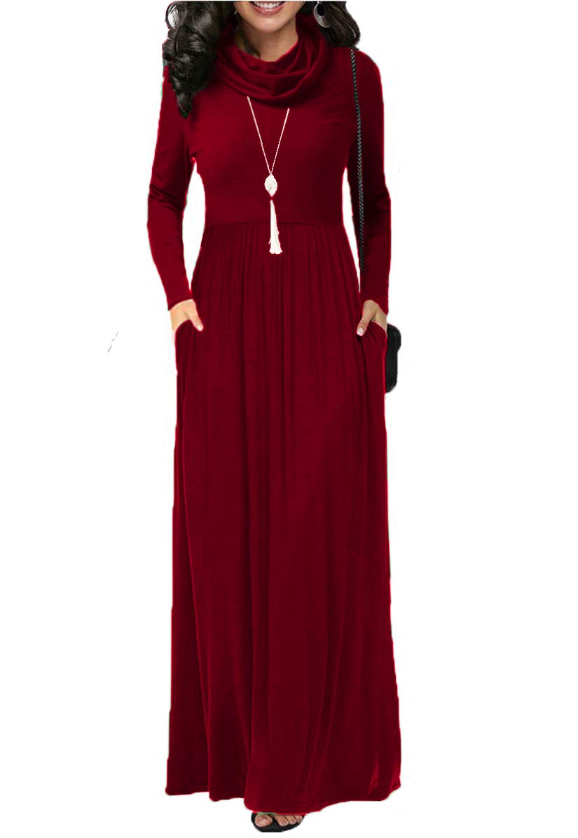 Women's Winter Solid Color Casual Maxi Dress - Empire Waist Plain Loose Long Dress with Pockets for Holiday Parties, Christmas Gatherings & Office Wear