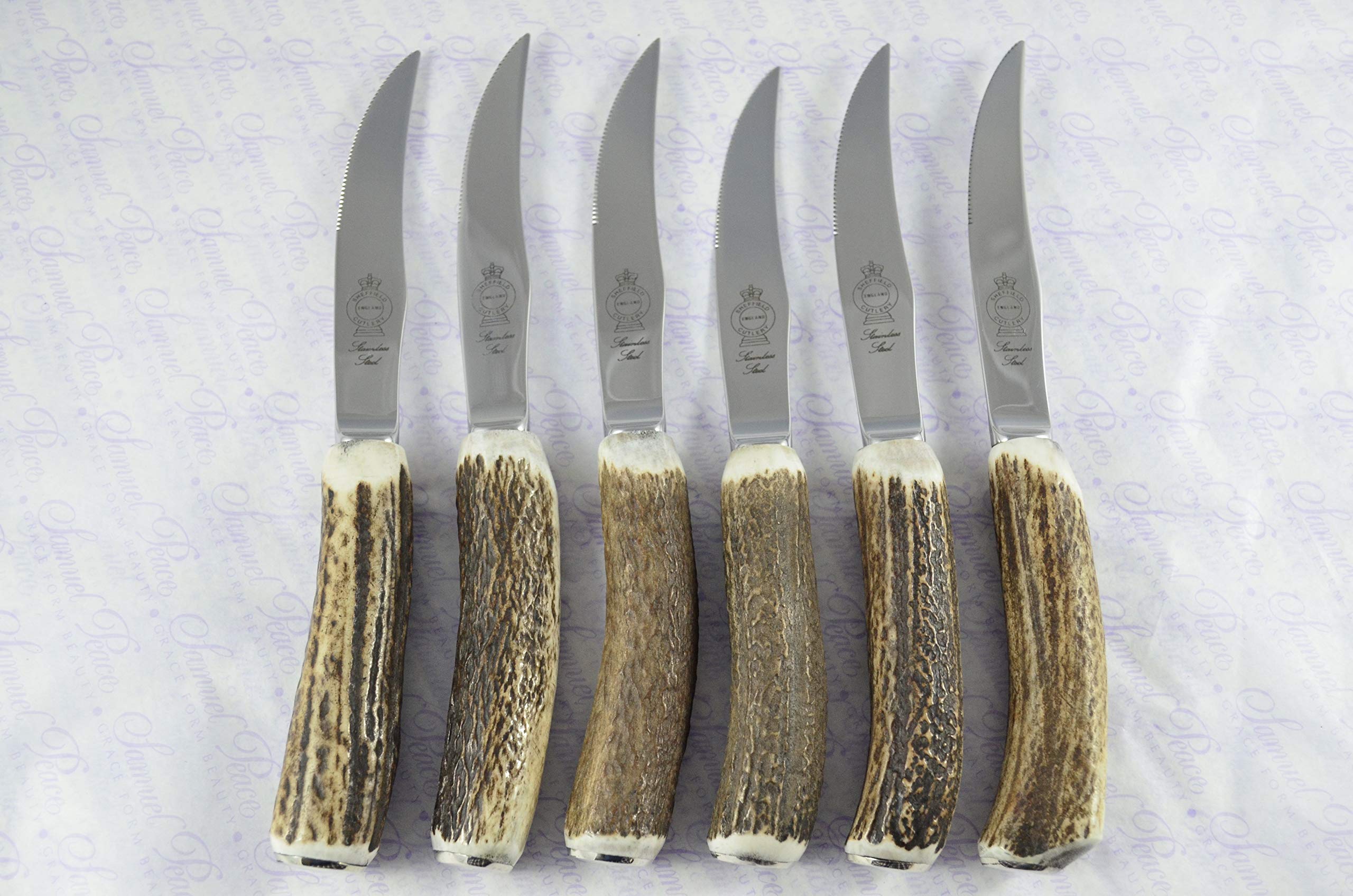 Authentic Stag Horn Handle Steak Knife Set - 6-Piece Sheffield England Made Cutlery for Fine Dining & BBQ Gifts