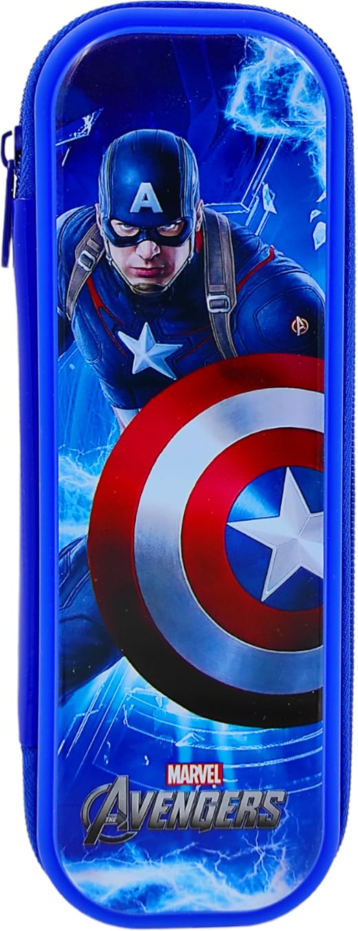 Marvel Captain America Pencil Case with Built-in Pencil Stand - Zippered School Supply Organizer for Boys & Girls - Durable Plastic Art Storage Box (Dark Blue) - Perfect for Classroom, Homework & Travel