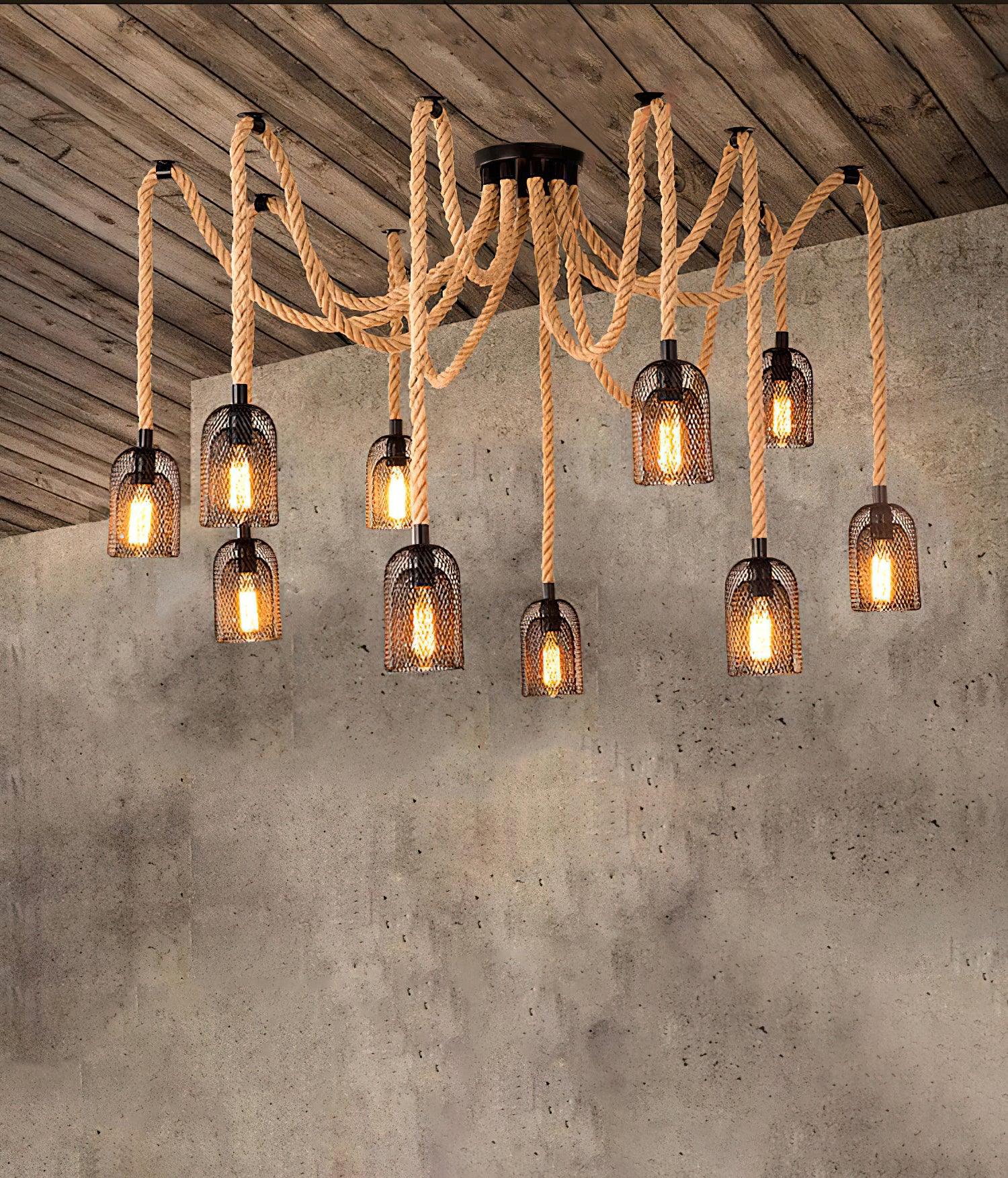 Natural Hemp Rope Scattered Flower Chandelier - Boho Home Decor for Living Room, Bedroom, or Wedding Venue
