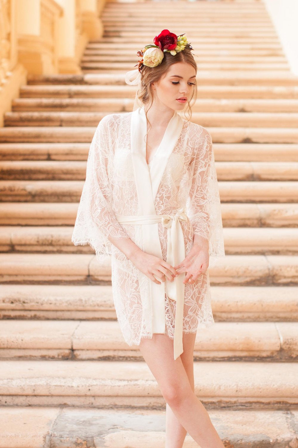 Ivory Tulip French Lace & Silk Kimono Robe - Elegant Bridal Loungewear, Wedding Nightgown & Boudoir Photoshoot Outfit