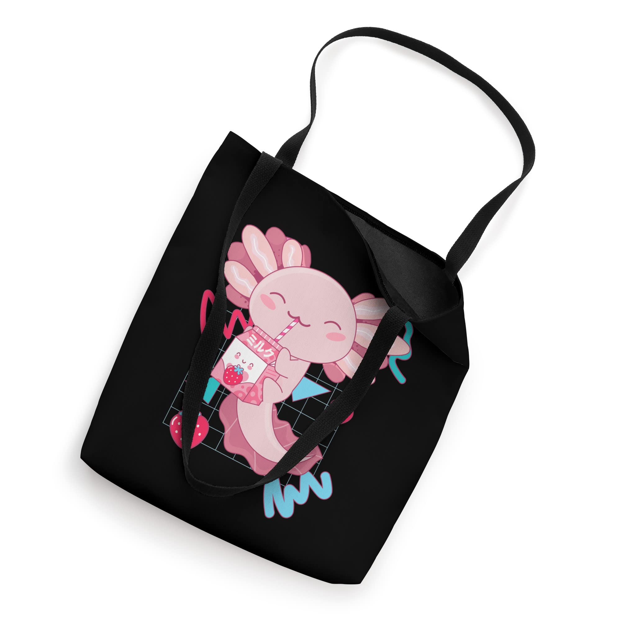 Cute Axolotl Strawberry Milk Shake Cartoon Retro 90s Anime Tote Bag - Perfect for School, Shopping & Anime Conventions