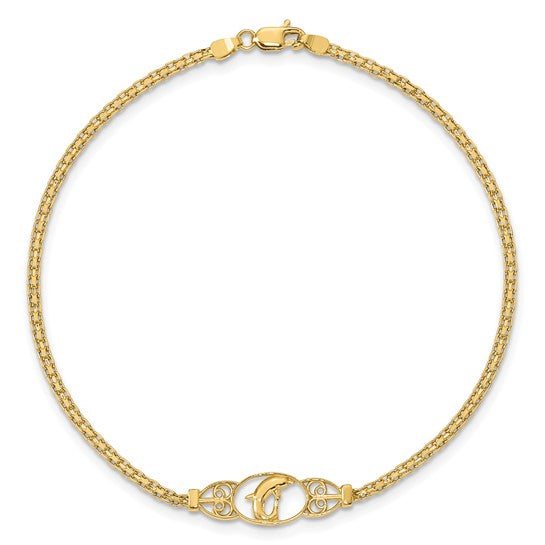14K Yellow Gold Polished Dolphin Anklet - Elegant Beach Jewelry for Women, Perfect for Summer Vacations & Gifts