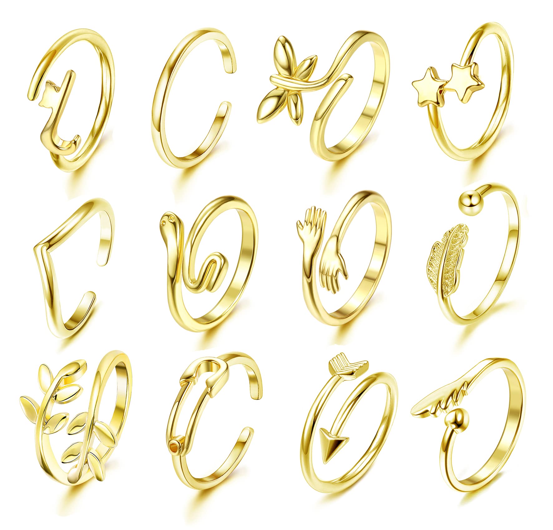 Magitaco 12PCS Adjustable Knuckle Rings for Women - Arrow & Butterfly Stackable Open Rings Set - Perfect for Daily Wear, Parties & Gifts