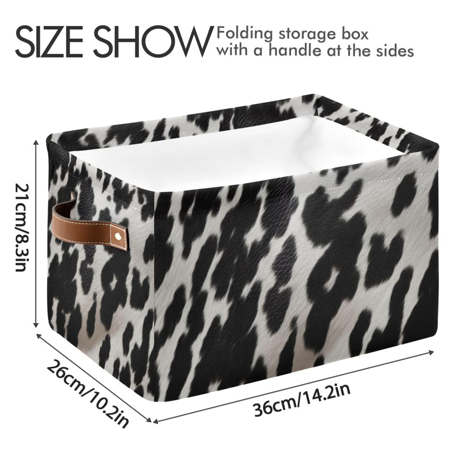 Cow Print Storage Baskets - Foldable Canvas Fabric Organizer Box with Handles - 2 Pack Rectangle Clothes Storage Bins for Home, Office, Closet & Shelves - Perfect for Bedroom, Laundry Room & Kids Room Organization