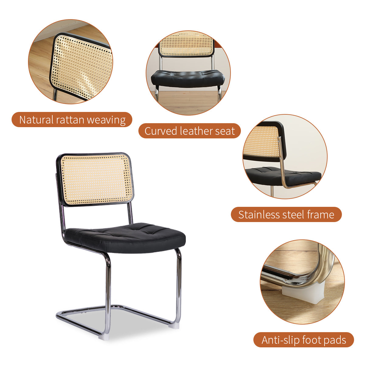 Modern Mid Century Breuer Style Dining Chairs Set of 2 - Faux Leather & Rattan Accent Chairs with Chrome Legs for Living Room, Kitchen, Dining Area - Black Upholstered Side Chairs (2-Piece Set) - Perfect for Small Spaces, Breakfast Nooks and Contemporary Home Decor