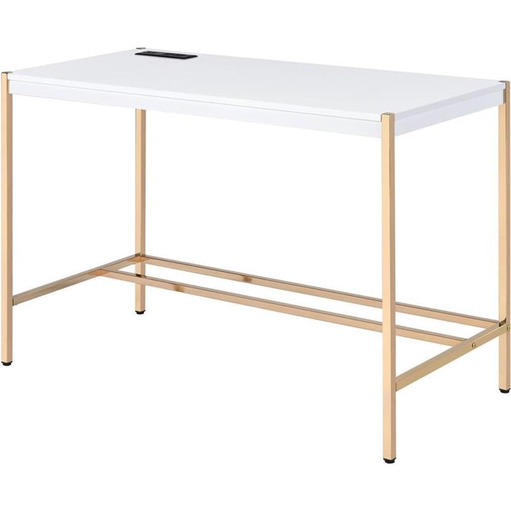 Acme Midriaks White and Gold Wooden Writing Desk with USB Port - Perfect for Home Office, Study Room & Small Spaces