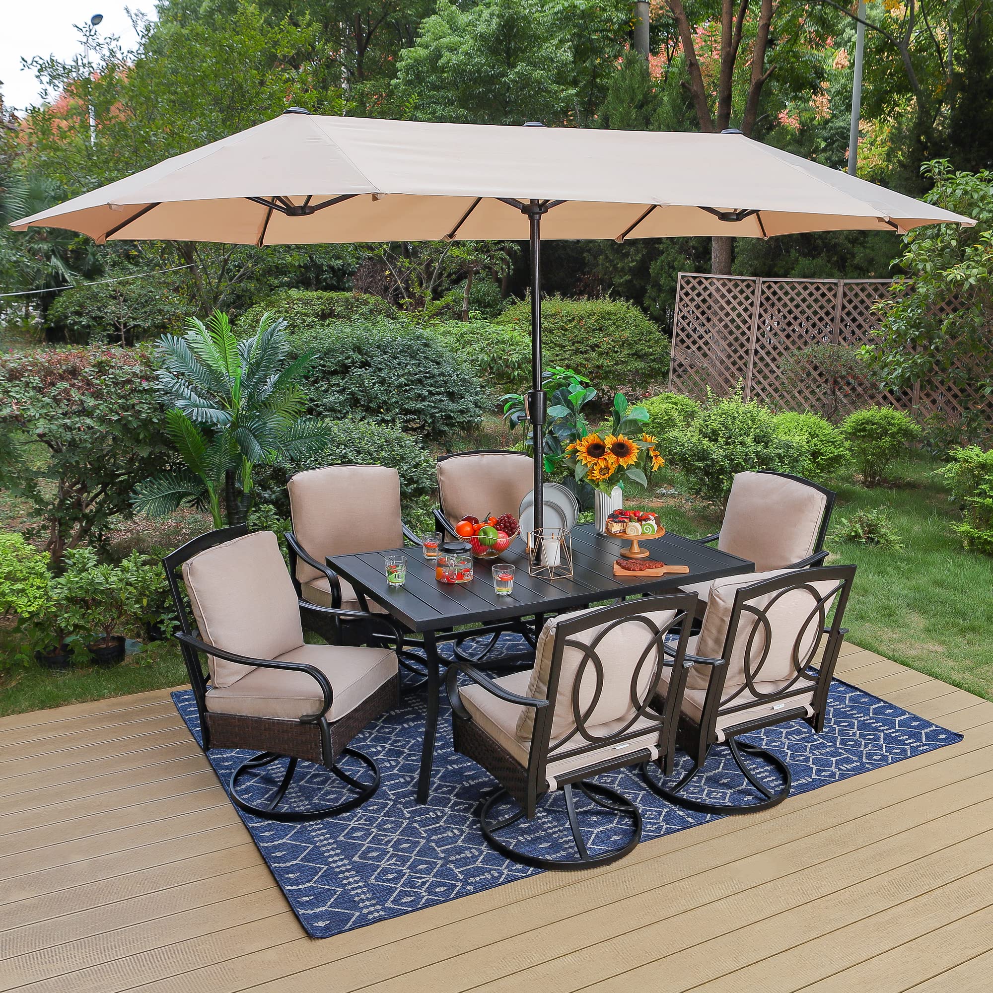 PHI VILLA 8-Piece All-Weather Outdoor Dining Set - Heavy Duty Rectangle Patio Table with 6 Swivel Chairs & Thick Cushions - Includes Umbrella for Backyard, Deck, Garden or Poolside Dining | Perfect for Outdoor Entertaining & Family Gatherings