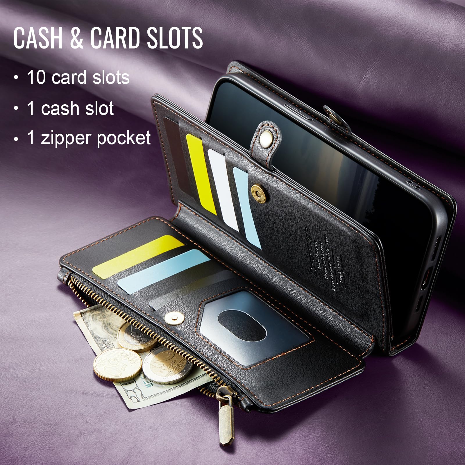 Defencase iPhone 13 Pro Max Case - Elegant Black RFID Blocking Wallet Case with Card Holder, Zipper Closure & Magnetic Flip Cover | PU Leather Protective Phone Cover Compatible with Wireless Charging & Kickstand | Perfect for Travel, Work & Everyday Use