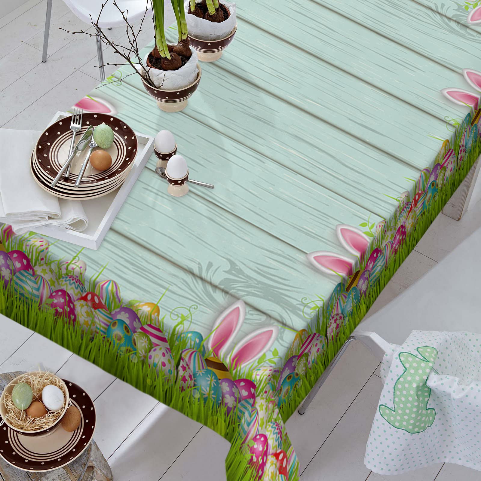 Easter Tablecloth Waterproof - 52x70 Inch Rectangle Easter Bunny & Eggs Design Rustic Wood Spring Table Cover for Kitchen, Party, Outdoor Dining Decor - Perfect for Easter Celebrations, Spring Gatherings & Home Decor