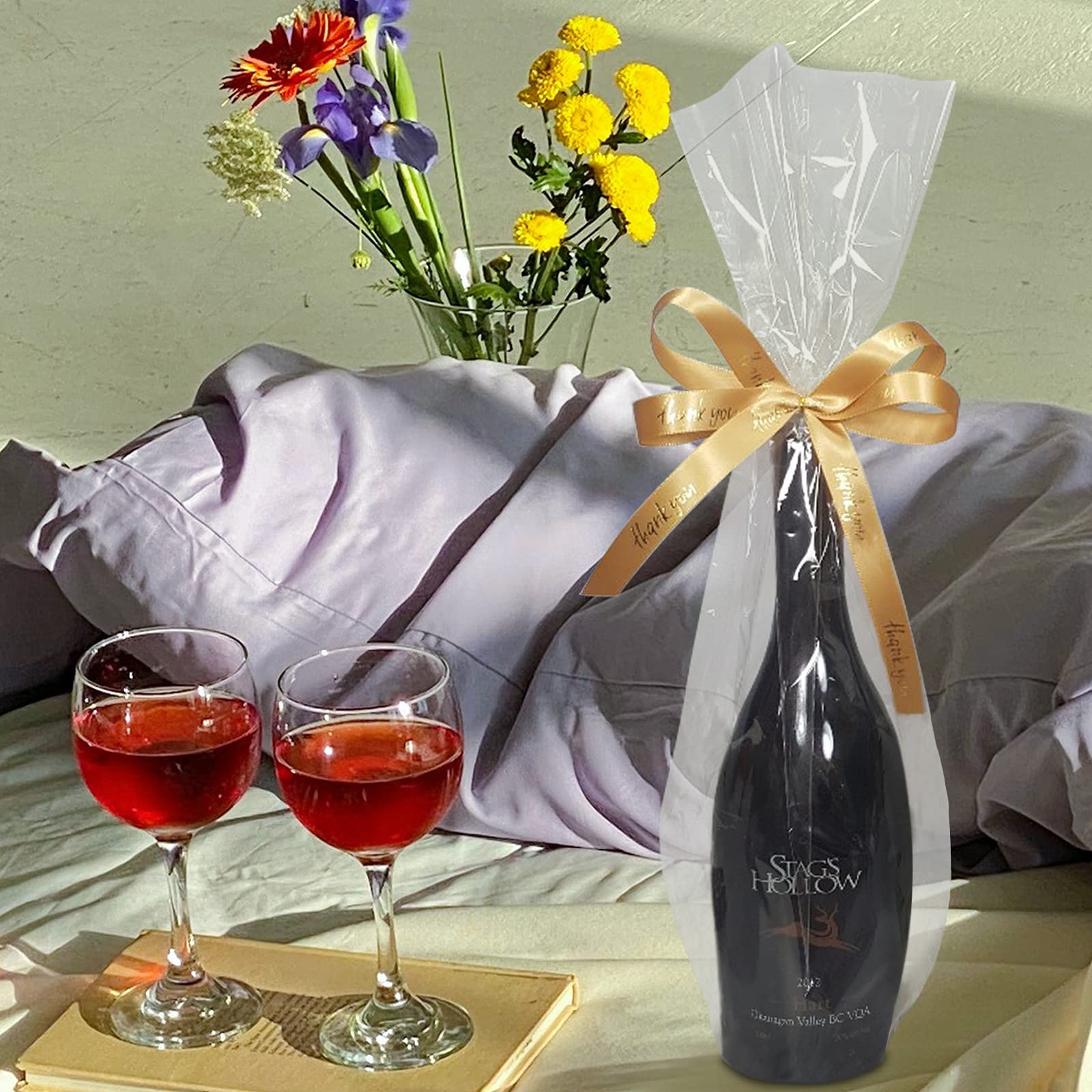 Morepack 100Pcs Clear Wine Bottle Gift Bags 8x16 Inches with 4 Inch Flat Bottom - Premium Cellophane Bags for Wine Bottles, Liquor, Champagne & Gift Packaging (No Side Gusset) - Perfect for Weddings, Parties, Corporate Gifts & Holiday Presents