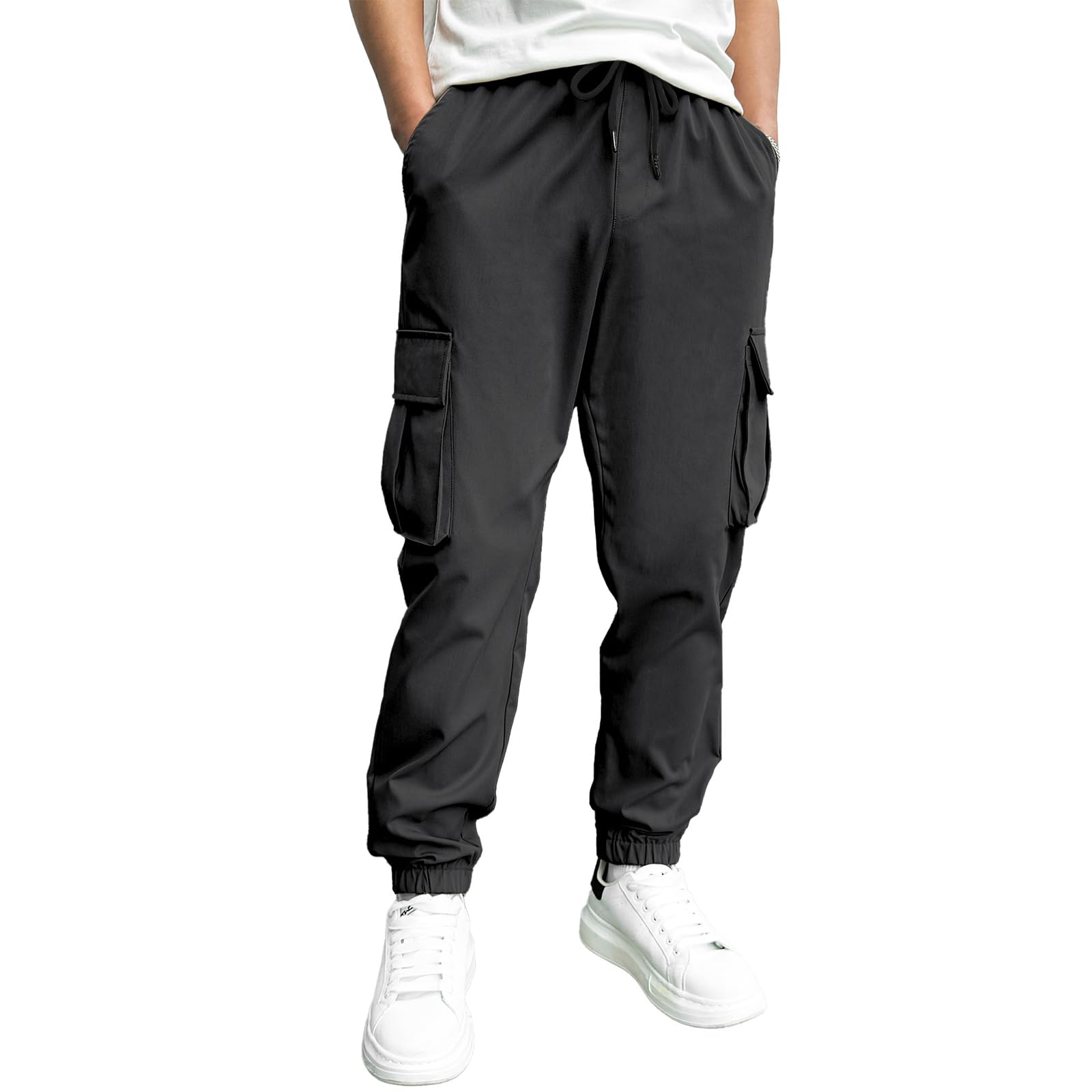 HAOTake Men's Casual Cargo Pants - Elastic Waist with Drawstring, Tapered Fit Jogger Pants for Hiking & Outdoor Activities - Multi-Pocket Utility Pants for Work, Travel & Everyday Wear