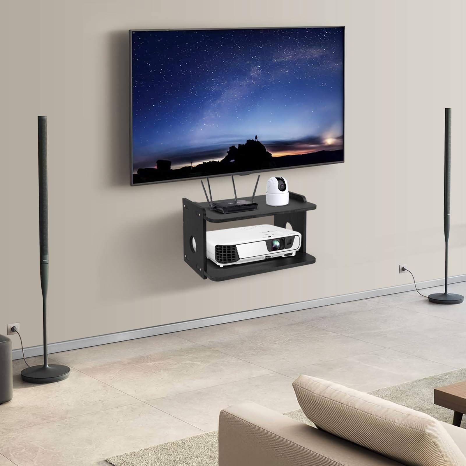 Wooden Projector Wall Mount Shelf - Floating Projector Stand, Rack Holder & Mount for Xbox Series, PS5, PS4 - Router & Modem Storage Box with Cable Management - Perfect for Home Theater & Gaming Setup