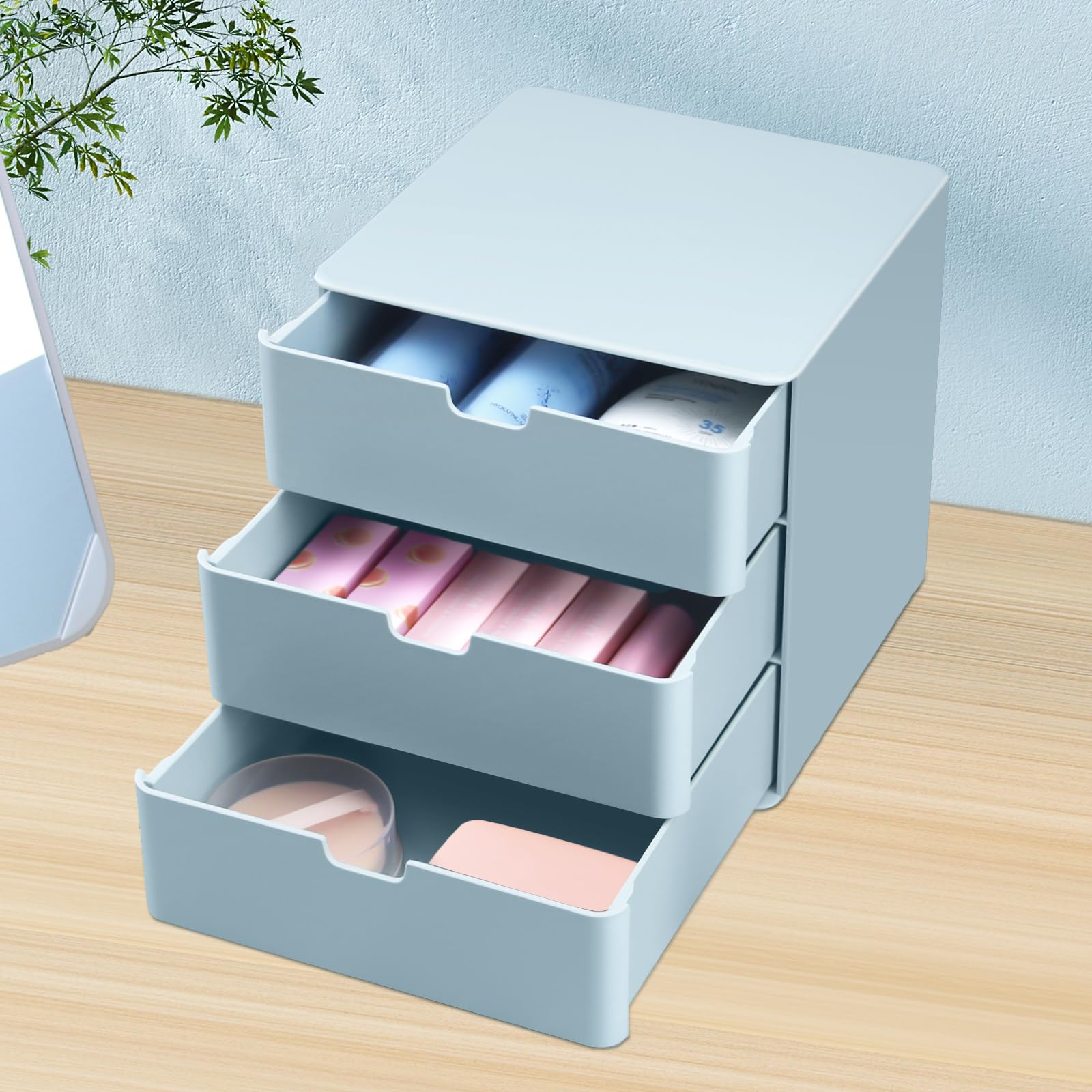 3-Drawer Vanity Organizer - Compact Makeup Storage Organizer with Drawers, Blue | Perfect for Bathroom Countertop, Bedroom Dresser & Closet Organization