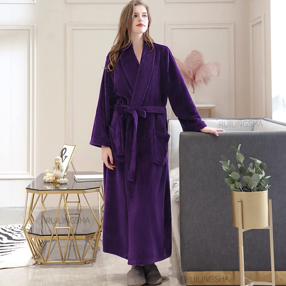 AUBERSIT Men's Winter Plaid Oversized Long Coral Velvet Bathrobe - Warm Flannel Kimono Robe & Pajamas for Women (Purple, XL) - Cozy Loungewear for Home Relaxation & Spa Days